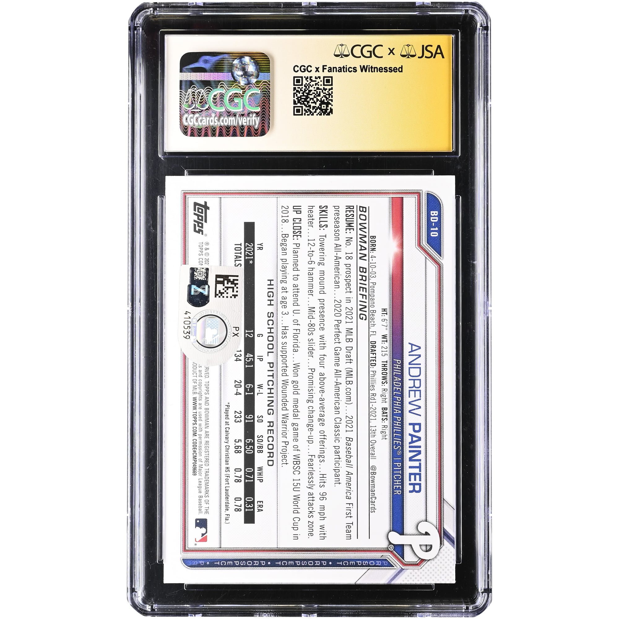 Andrew Painter Philadelphia Phillies Autographed 2021 Bowman Draft #BD-10 CGC Authenticated Card