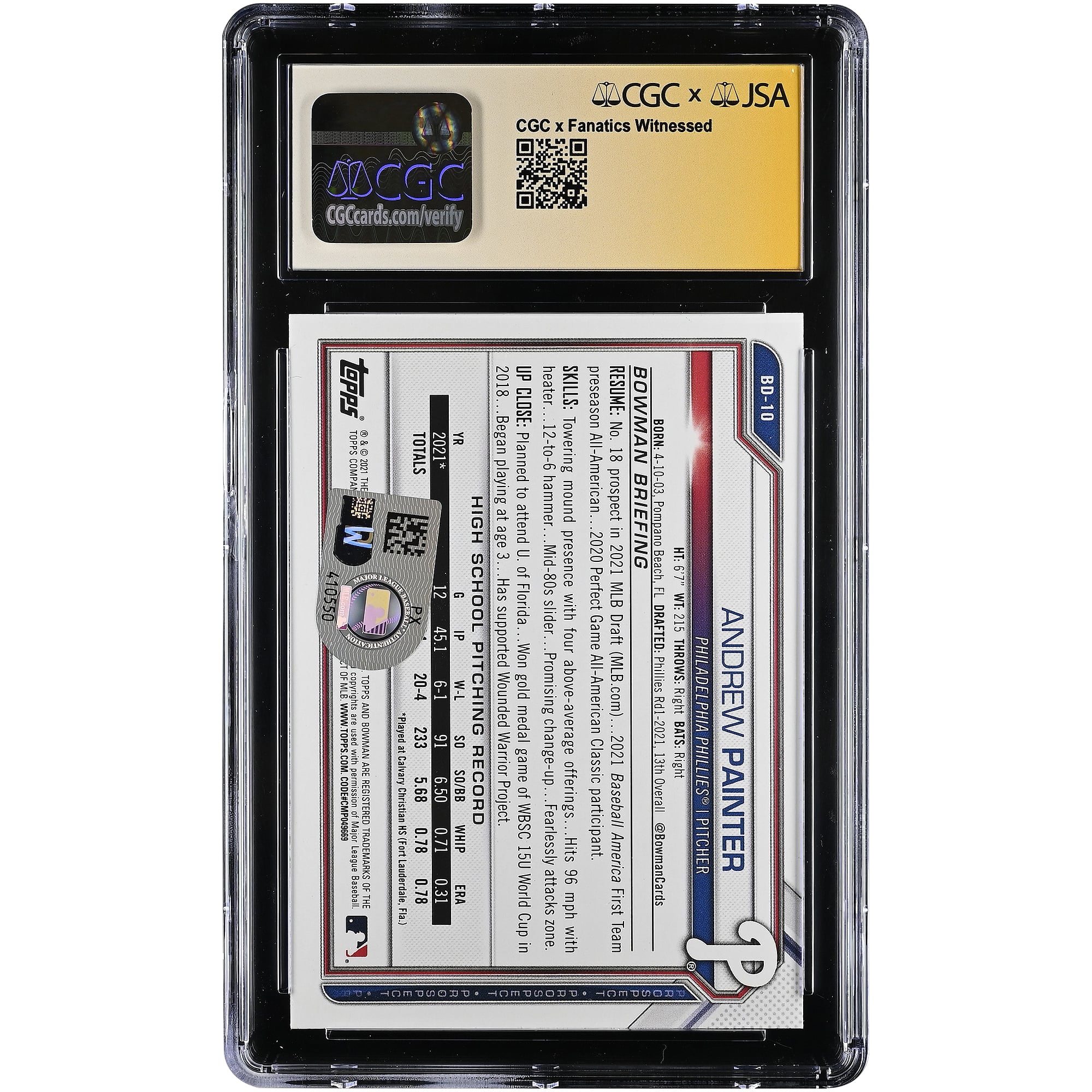 Andrew Painter Philadelphia Phillies Autographed 2021 Bowman Draft #BD-10 CGC Authenticated Mint 9 Card