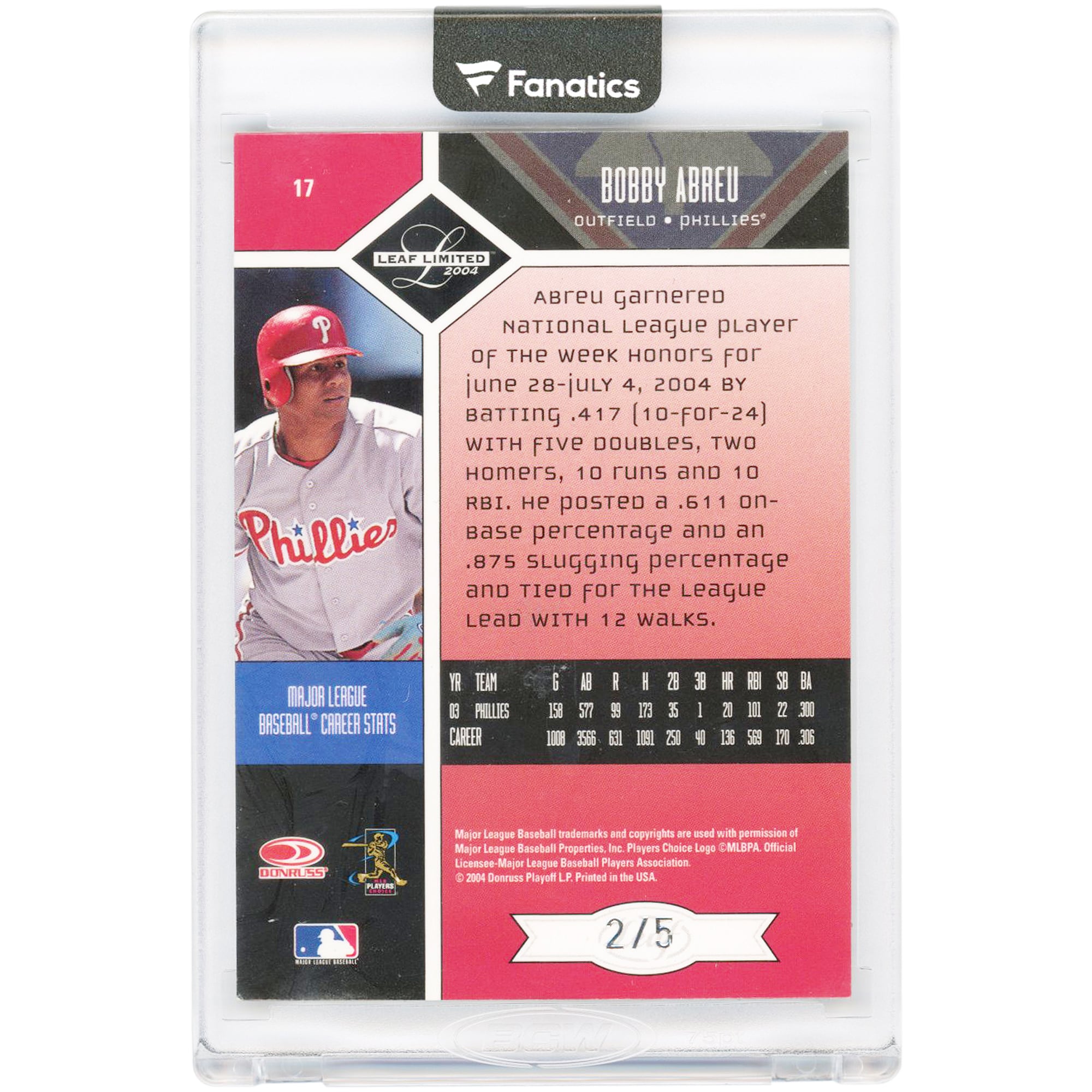 Carte autographiée par Bobby Abreu des Phillies de Philadelphie, édition limitée Donruss Leaf 2004, numéro 17, numéro 2/5