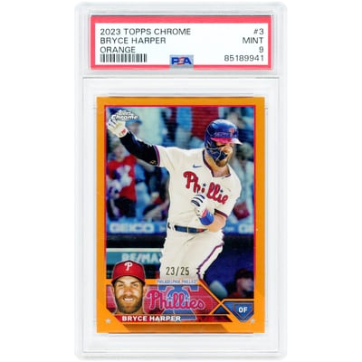 Bryce Harper Philadelphia Phillies 2023 Topps Chrome Orange Refractor #3 #23/25 PSA Authenticated 9 Card