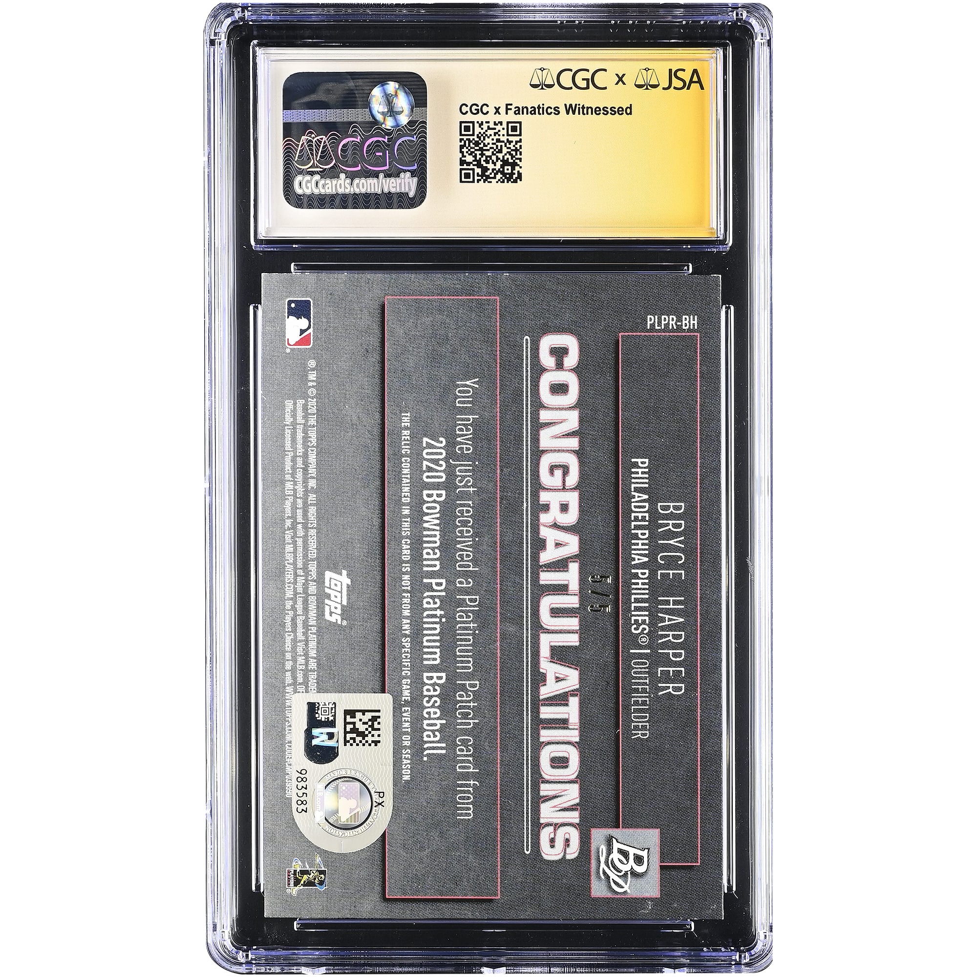 Carte autographiée de Bryce Harper (Philadelphia Phillies) 2020 Bowman Platinum Patches Relic #PLPR-BH, authentifiée CGC 9,5/10