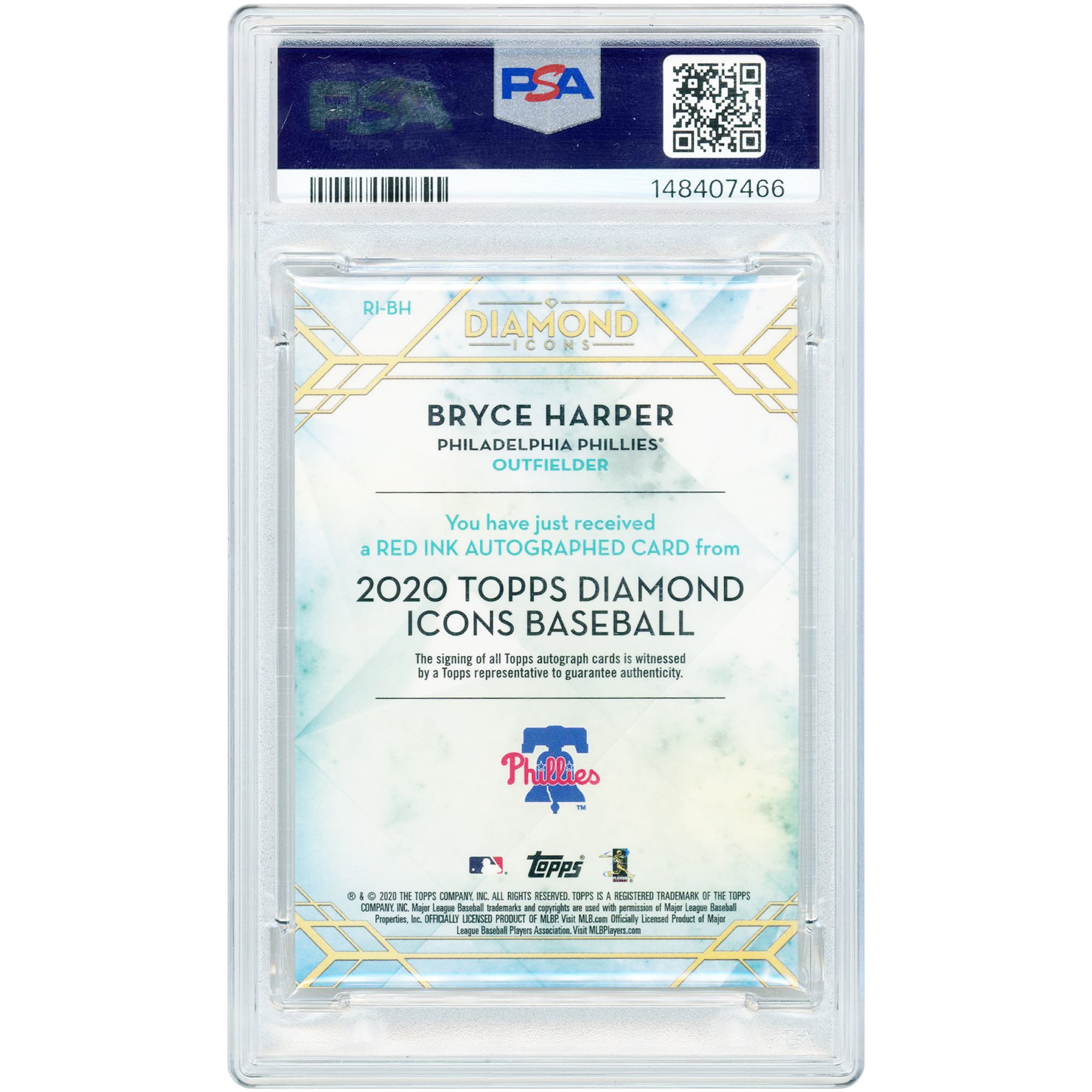 Bryce Harper Philadelphia Phillies Autographed 2020 Topps Diamond Icons Red Ink #RI-BH #1/5 PSA Authenticated 8 Card