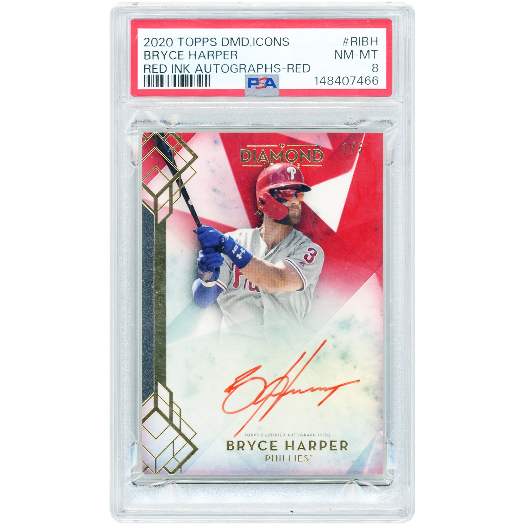 Bryce Harper Philadelphia Phillies Autographed 2020 Topps Diamond Icons Red Ink #RI-BH #1/5 PSA Authenticated 8 Card