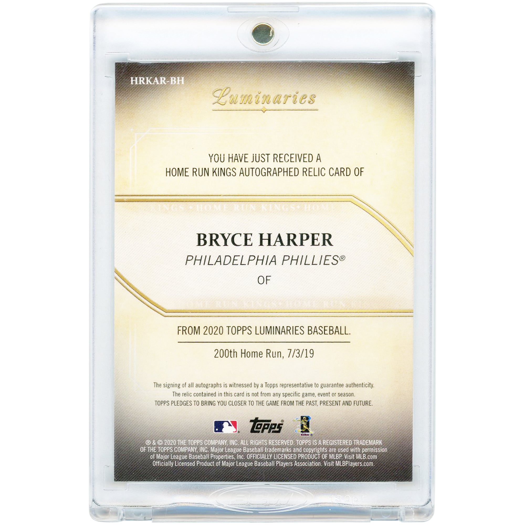 Bryce Harper Philadelphia Phillies Autographed 2020 Topps Luminaries Home Run Kings Game Used Jersey Relics #HRKAR-BH #2/10 Card