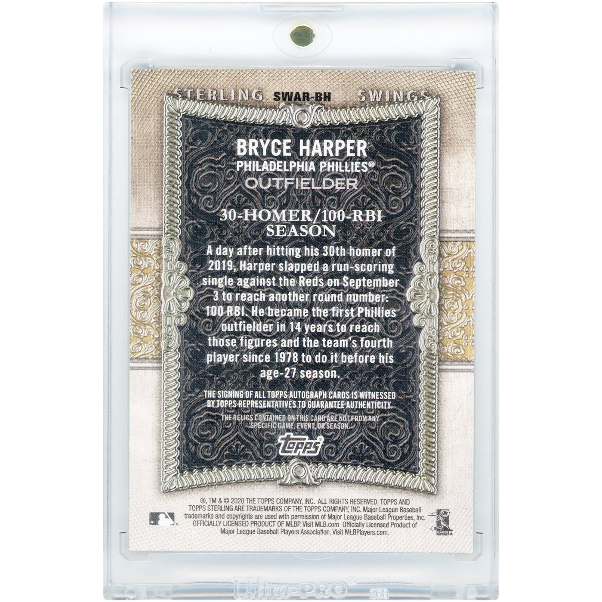 Carte autographiée de Bryce Harper (Philadelphia Phillies) 2020 Topps Sterling Swings Quad Game Used 4 Color Relic #SWAR-BH #3/5