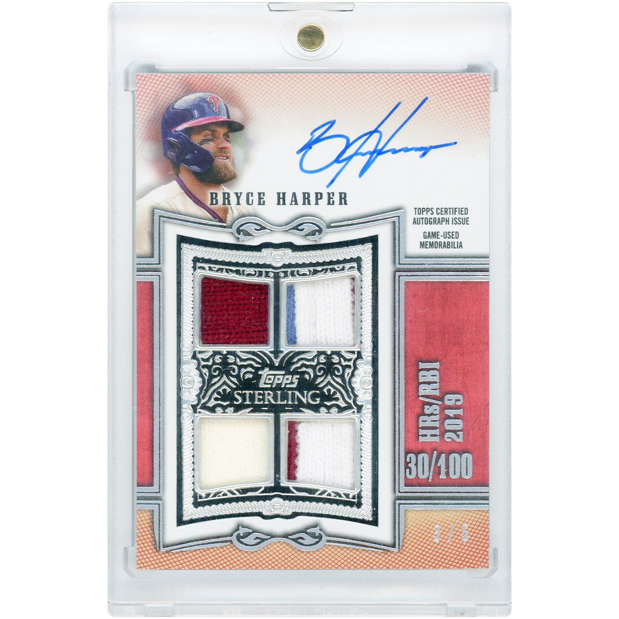 Bryce Harper Philadelphia Phillies Autographed 2020 Topps Sterling Swings Quad Game Used 4 Color Relic #SWAR-BH #3/5 Card
