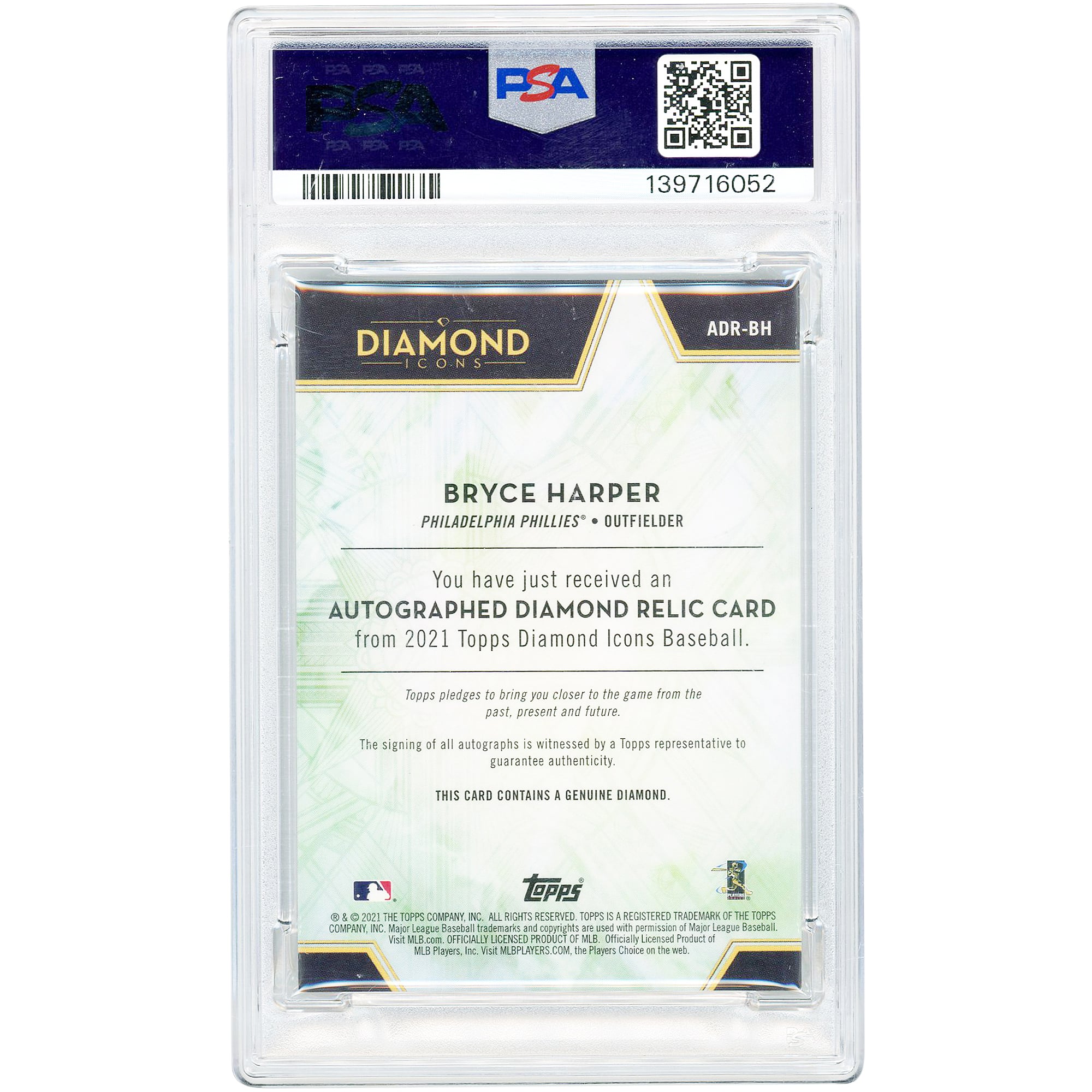 Bryce Harper Philadelphia Phillies Autographed 2021 Topps Diamond Icons Diamond Gem Relic Gold #ADR-BH #1/1 PSA Authenticated 8 Card