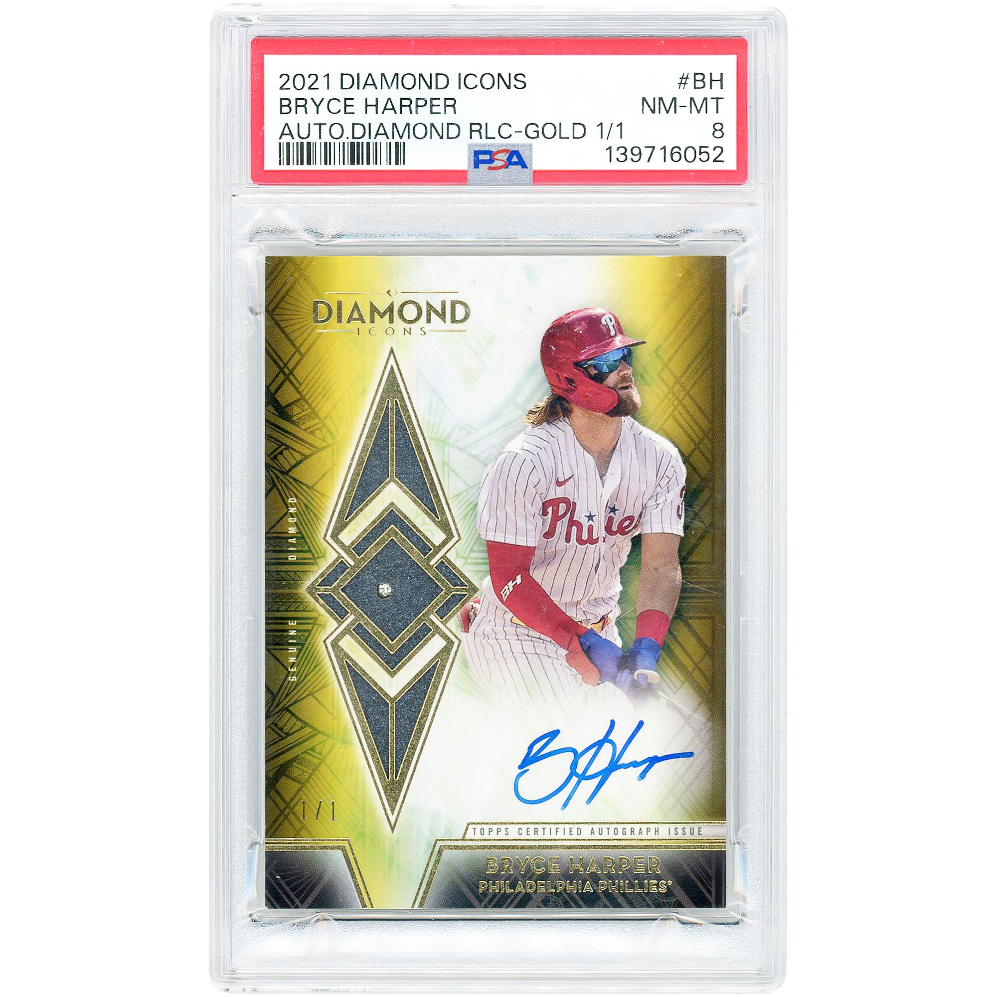 Bryce Harper Philadelphia Phillies Autographed 2021 Topps Diamond Icons Diamond Gem Relic Gold #ADR-BH #1/1 PSA Authenticated 8 Card