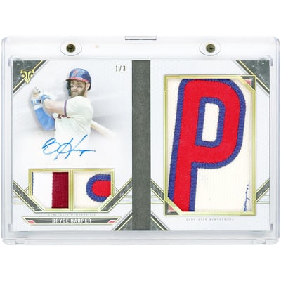 Bryce Harper Philadelphia Phillies Autographed 2021 Topps Triple Threads Game Used Letter Relic and 2 Multi Color Relic Booklet #LPAR-BH #1/3 Card