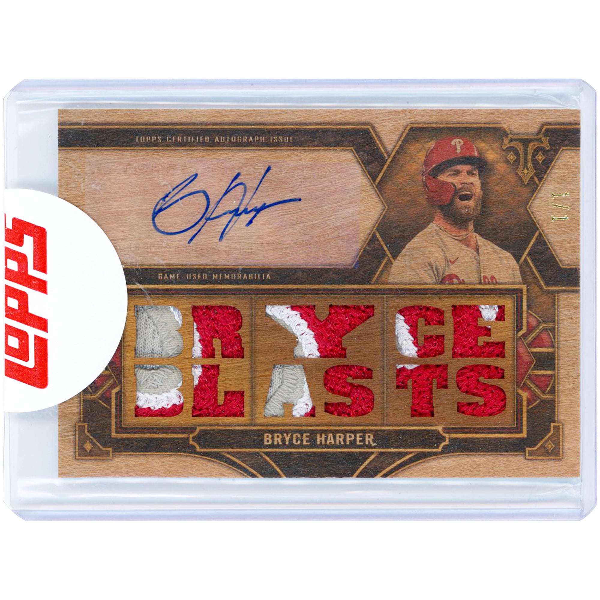 Carte autographiée de Bryce Harper (Phillies de Philadelphie) 2022 Topps Triple Threads Multi Game Used Relics (variante bois) #TTAR-BH1 #1/1