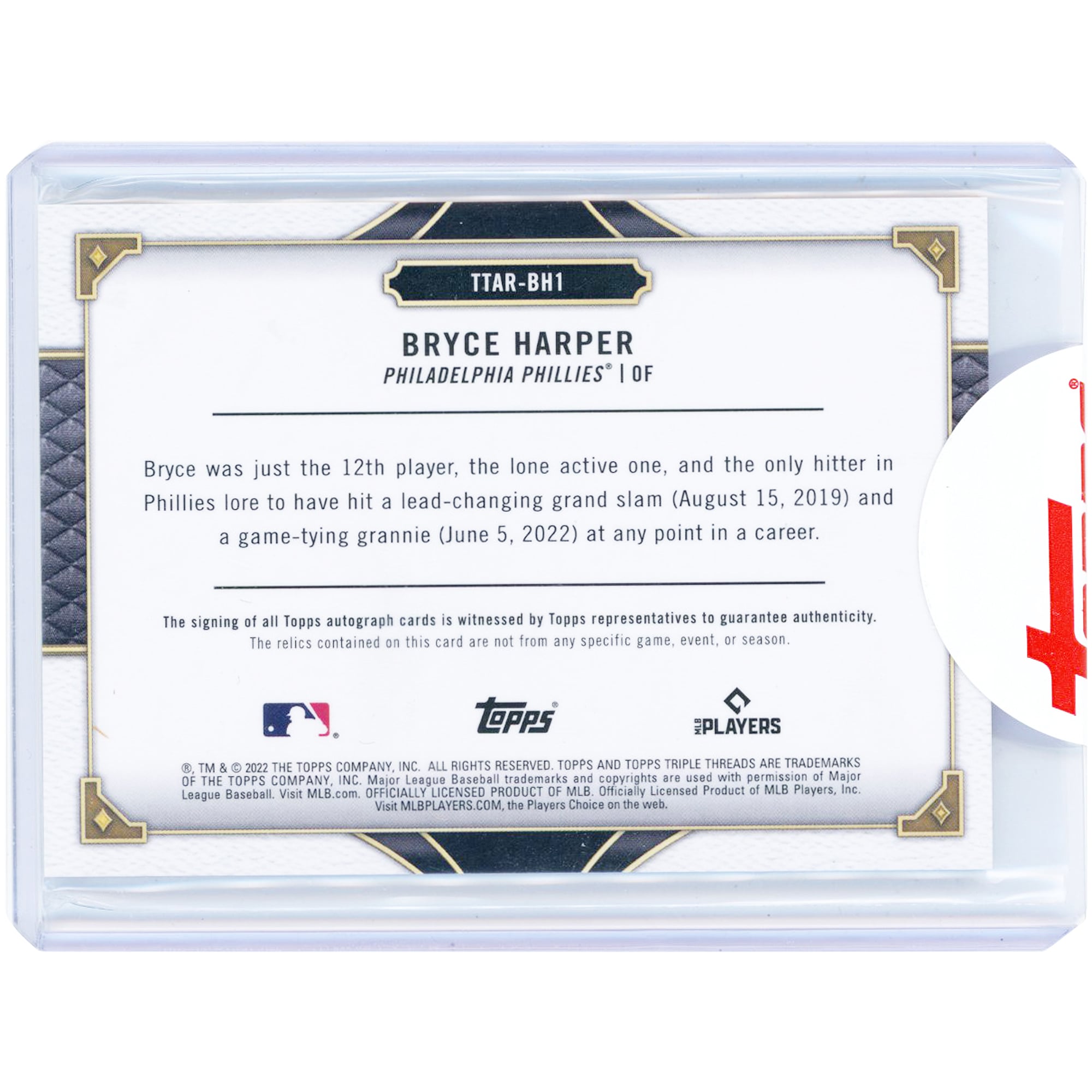 Carte autographiée de Bryce Harper (Phillies de Philadelphie) 2022 Topps Triple Threads Multi Game Used Relics (variante bois) #TTAR-BH1 #1/1