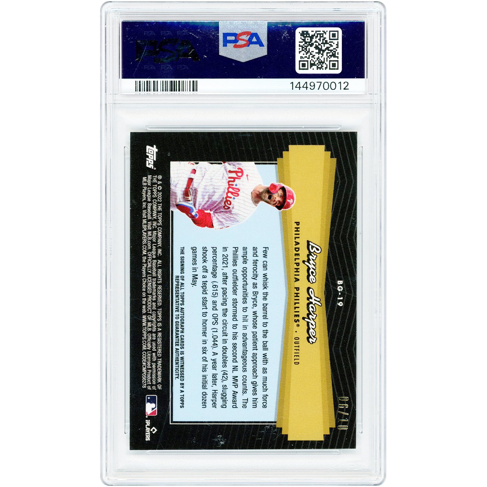 Bryce Harper Philadelphia Phillies Autographed 2022 Topps Update Black Gold #BG-19 #6/10 PSA Authenticated 9 Card