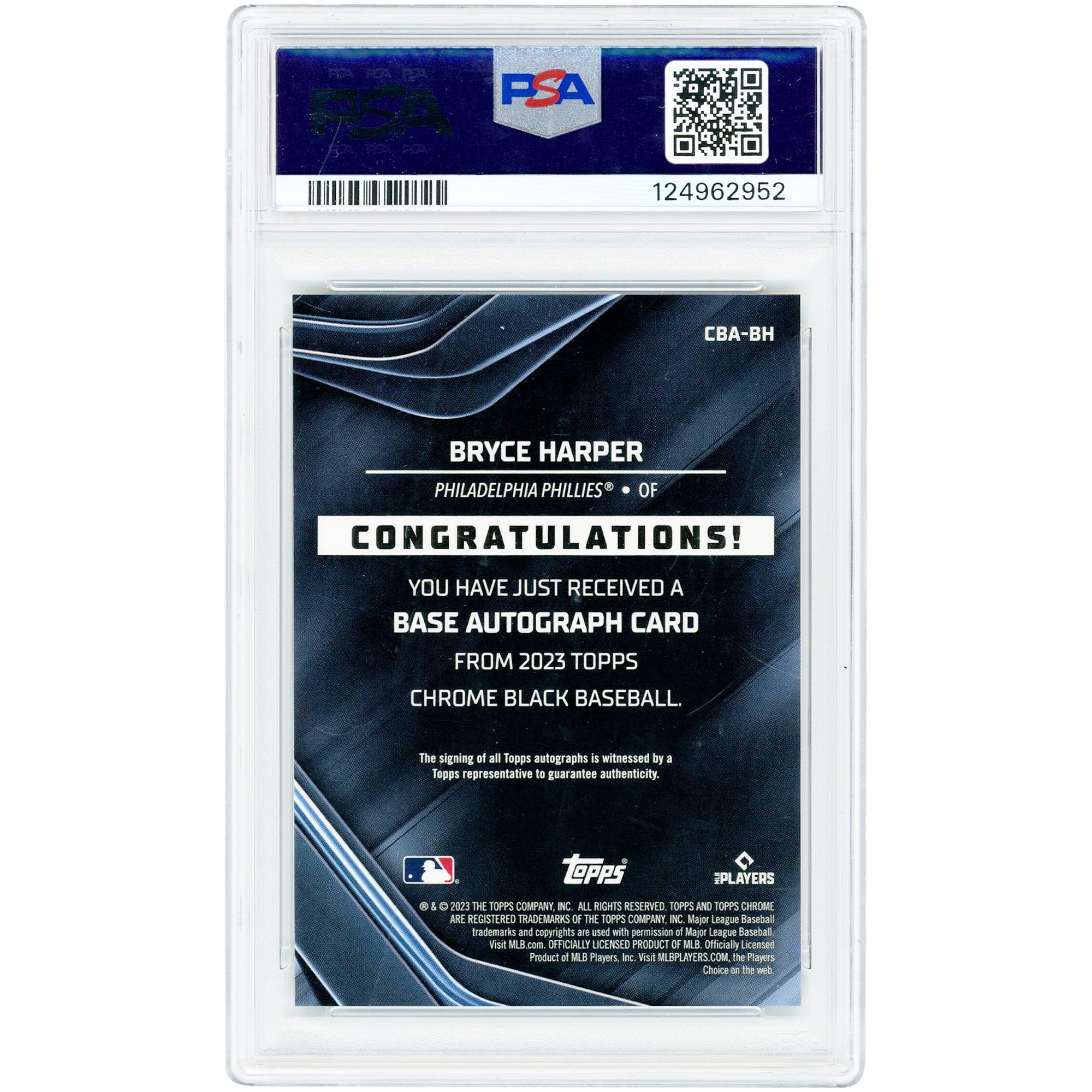 Carte autographiée de Bryce Harper (Phillies de Philadelphie), édition 2023 Topps Chrome Black Red Refractor #CBA-BH #5/5, authentifiée par PSA (8 cartes).