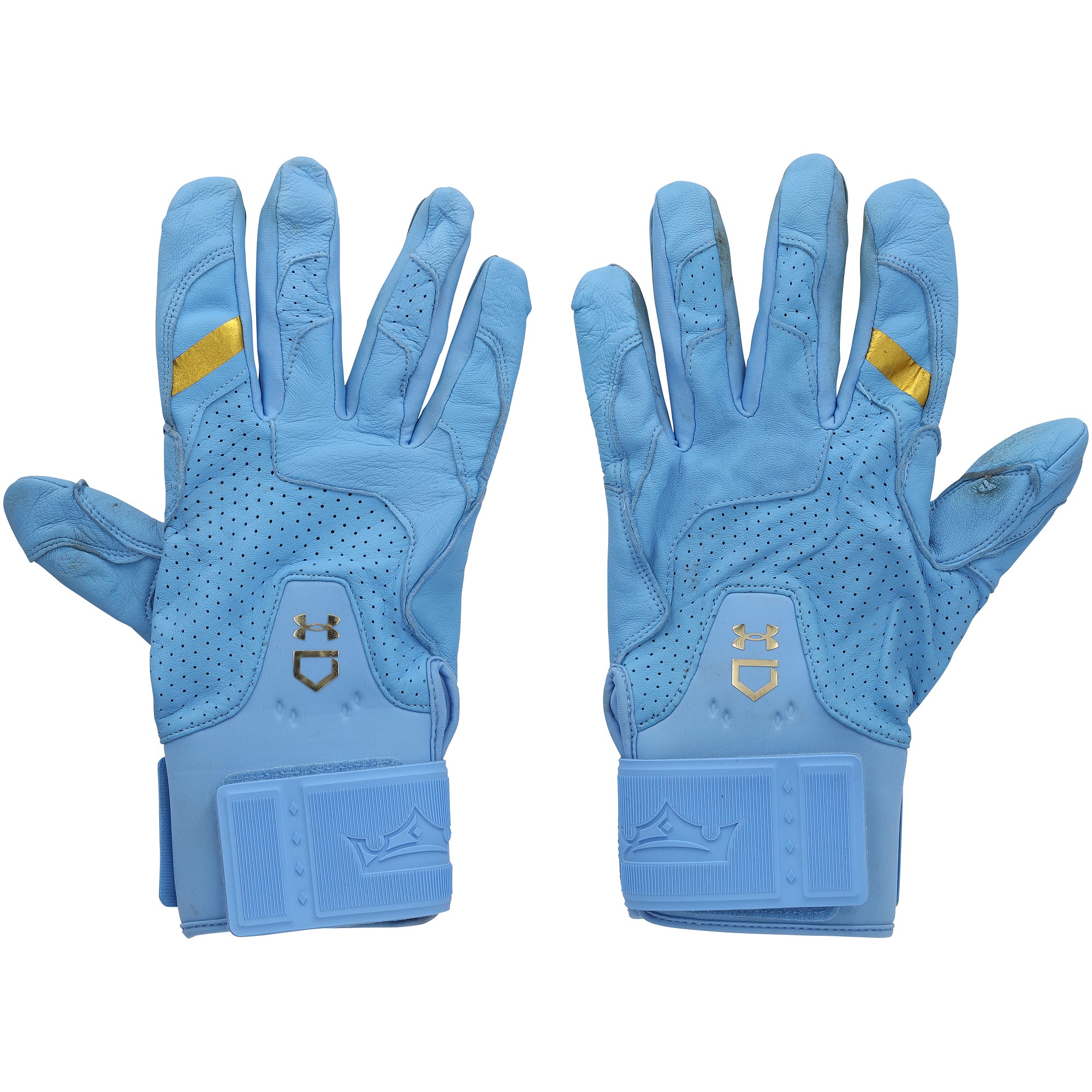 Gants de frappe bleus Under Armour autographiés par Bryce Harper, portés en match par les Phillies de Philadelphie lors de la saison 2026 de la MLB.
