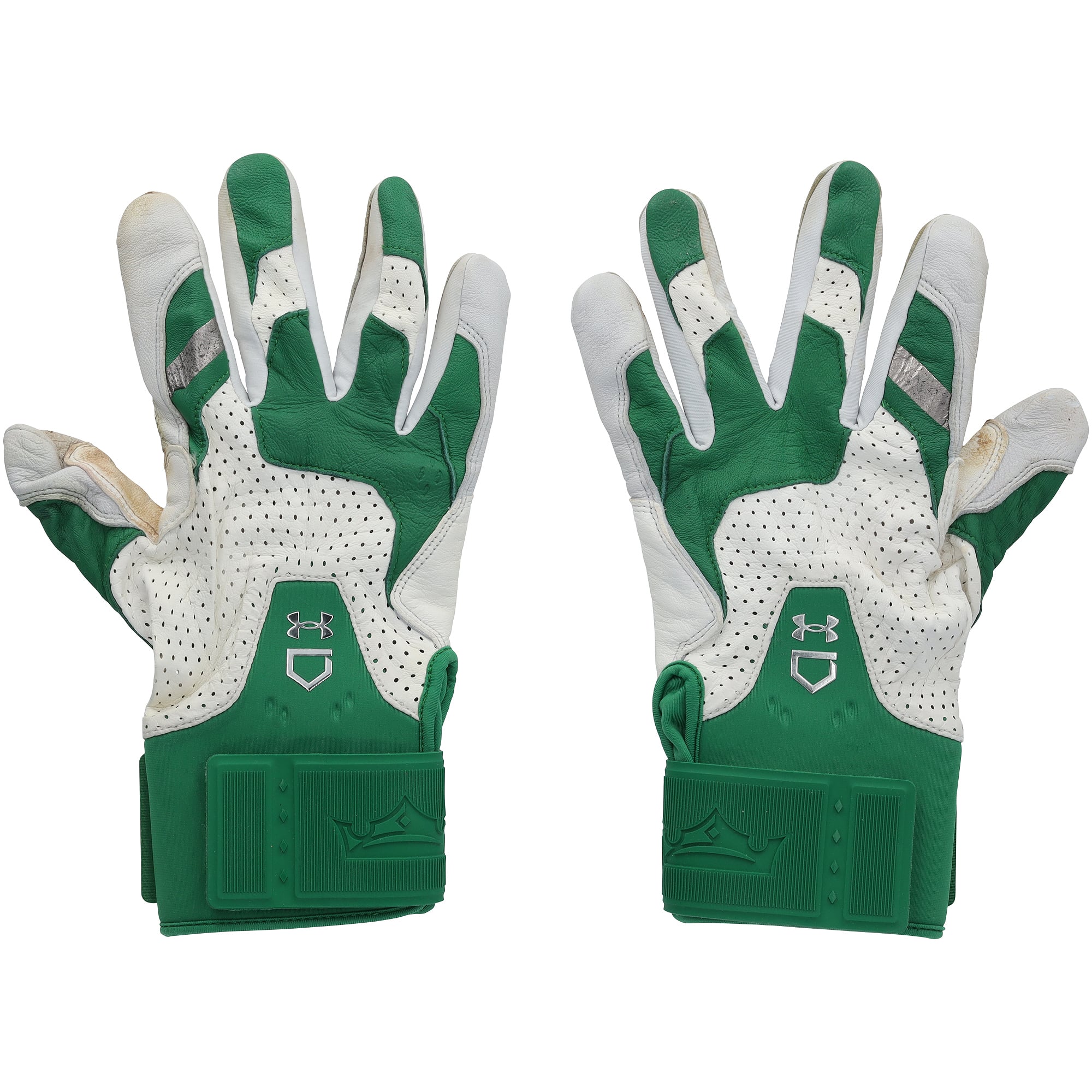 Gants de frappe Under Armour verts et blancs autographiés par Bryce Harper, portés en match par les Phillies de Philadelphie lors de la saison 2026 de la MLB.