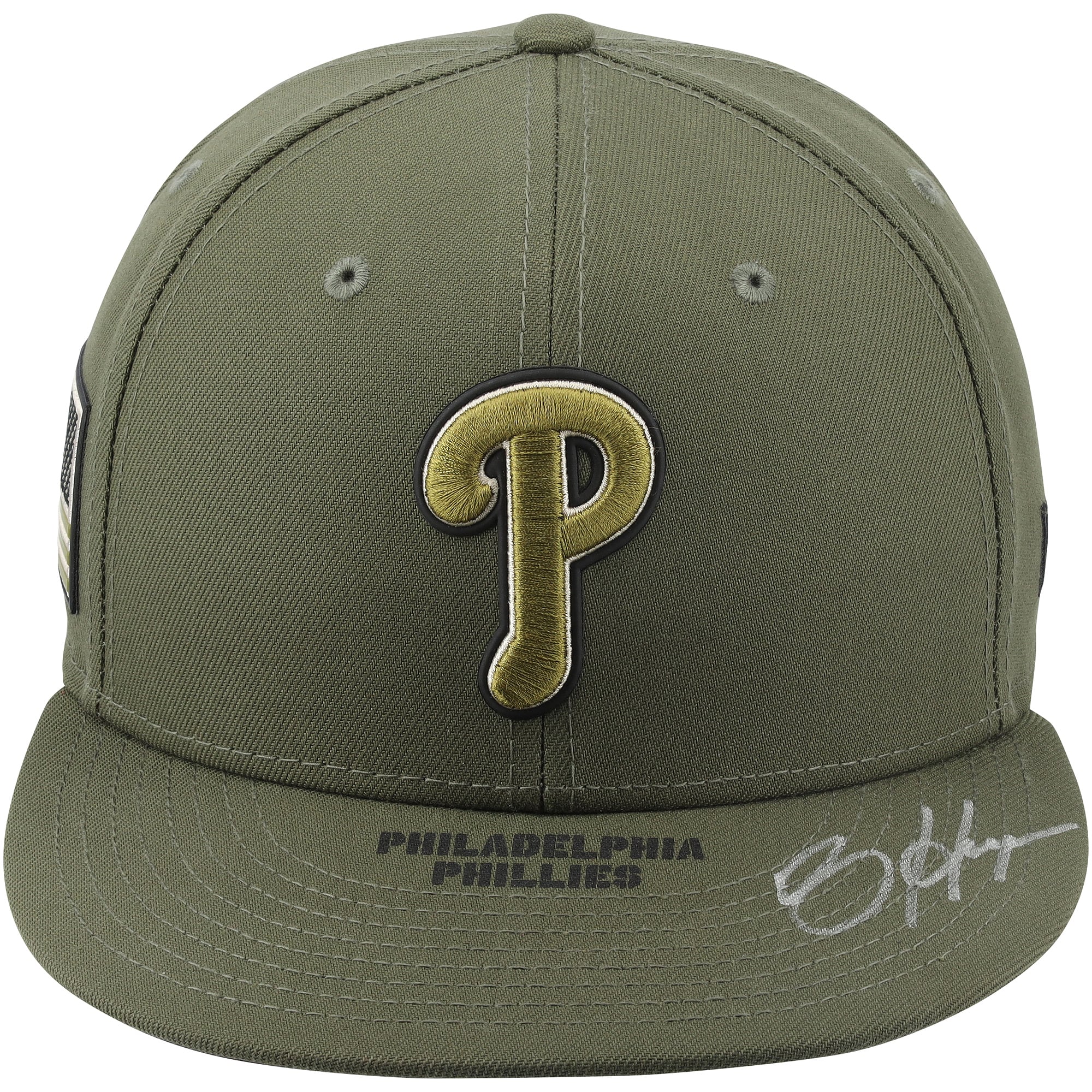 Casquette verte autographiée portée en match par Bryce Harper des Phillies de Philadelphie lors de la saison 2026 de la MLB