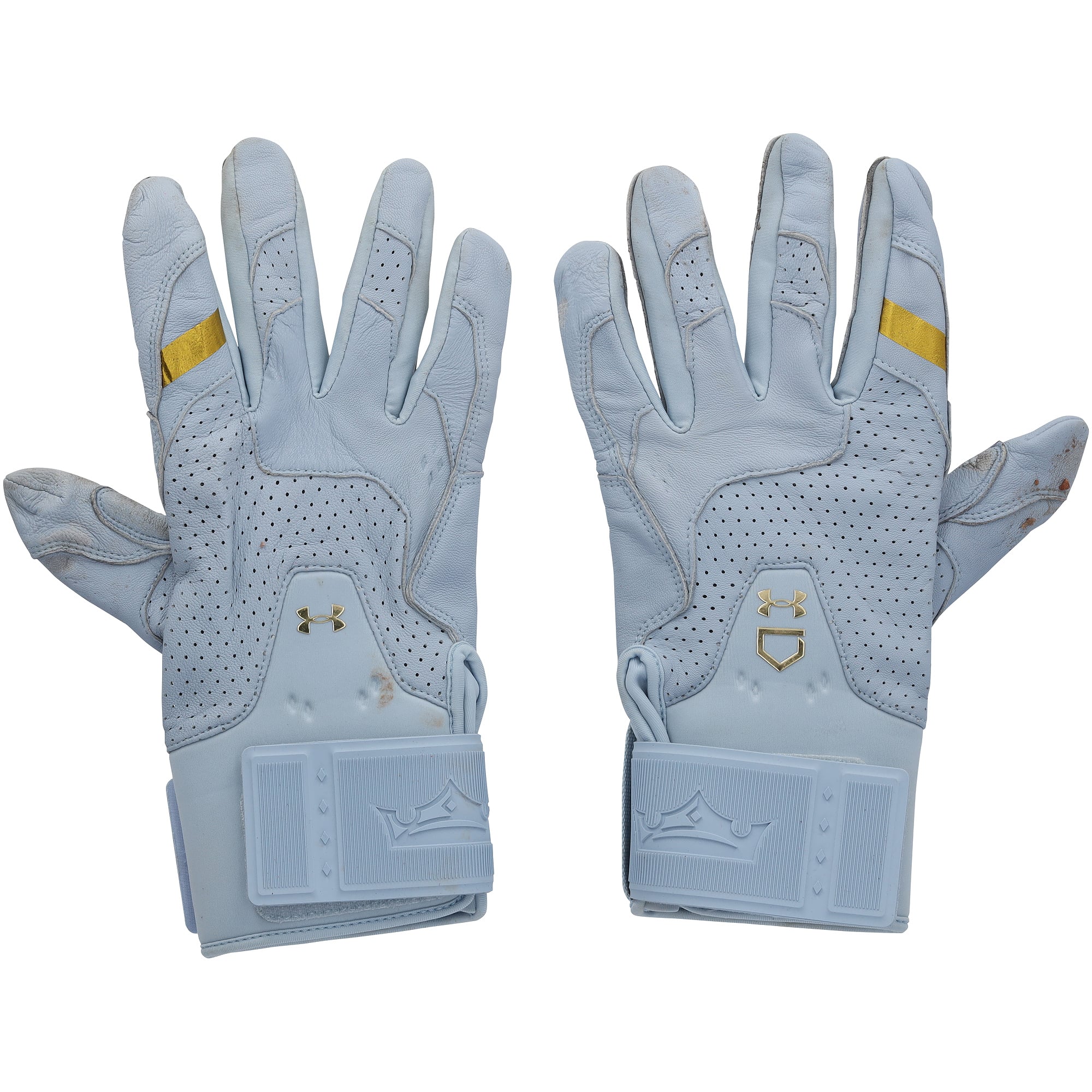 Gants de frappe Under Armour bleu clair autographiés par Bryce Harper, portés en match par les Phillies de Philadelphie lors de la saison 2026 de la MLB.