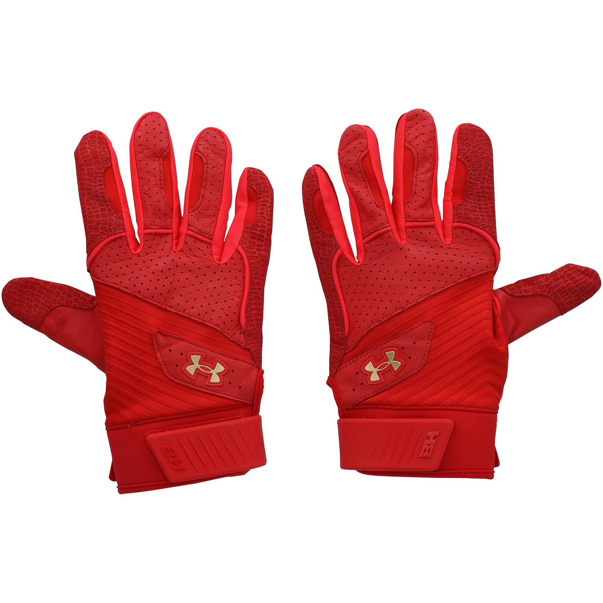 Gants de frappe rouges Under Armour autographiés par Bryce Harper