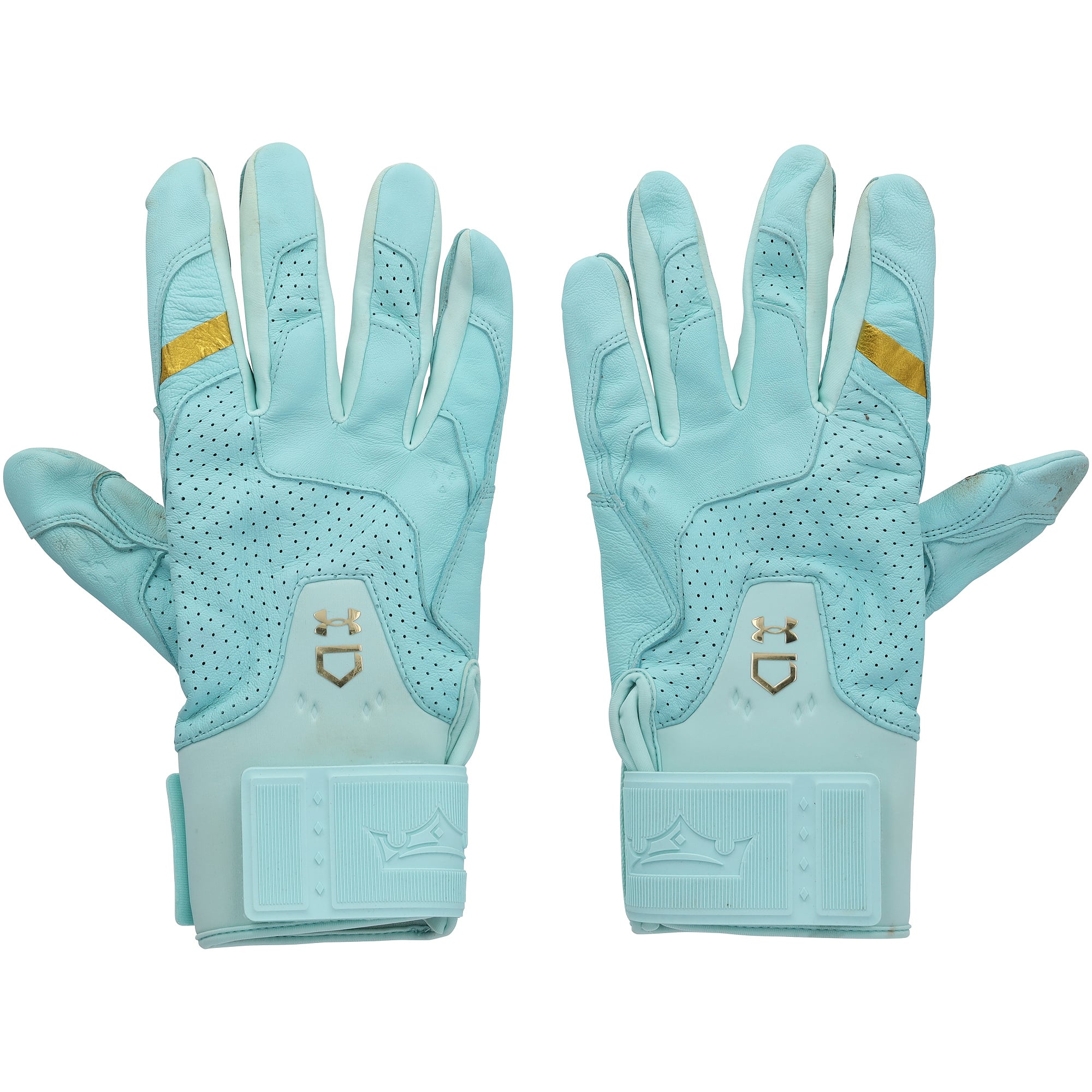Gants de frappe Under Armour turquoise autographiés par Bryce Harper, portés en match par les Phillies de Philadelphie lors de la saison 2026 de la MLB.