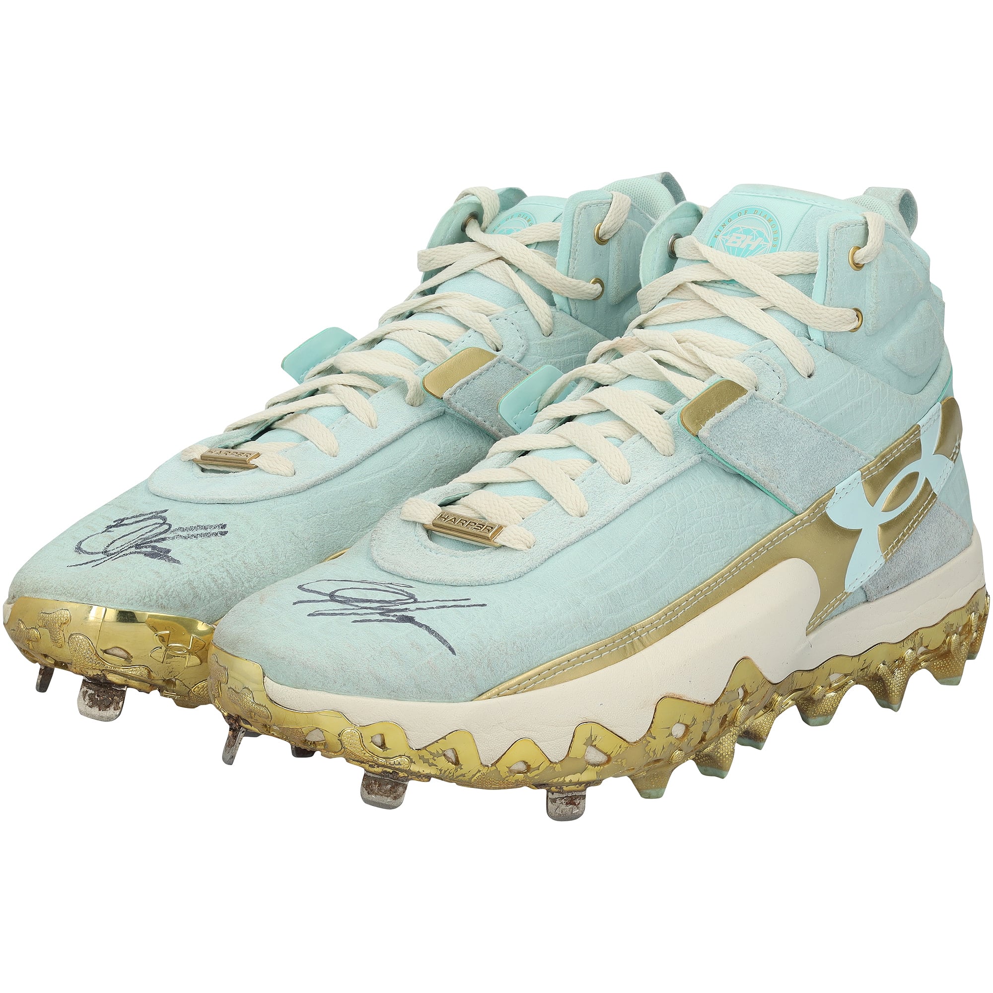 Crampons Under Armour turquoise autographiés par Bryce Harper