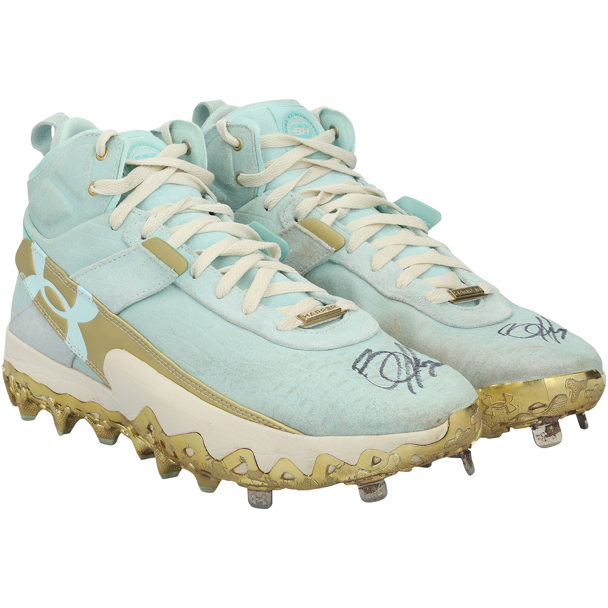 Crampons Under Armour turquoise autographiés par Bryce Harper