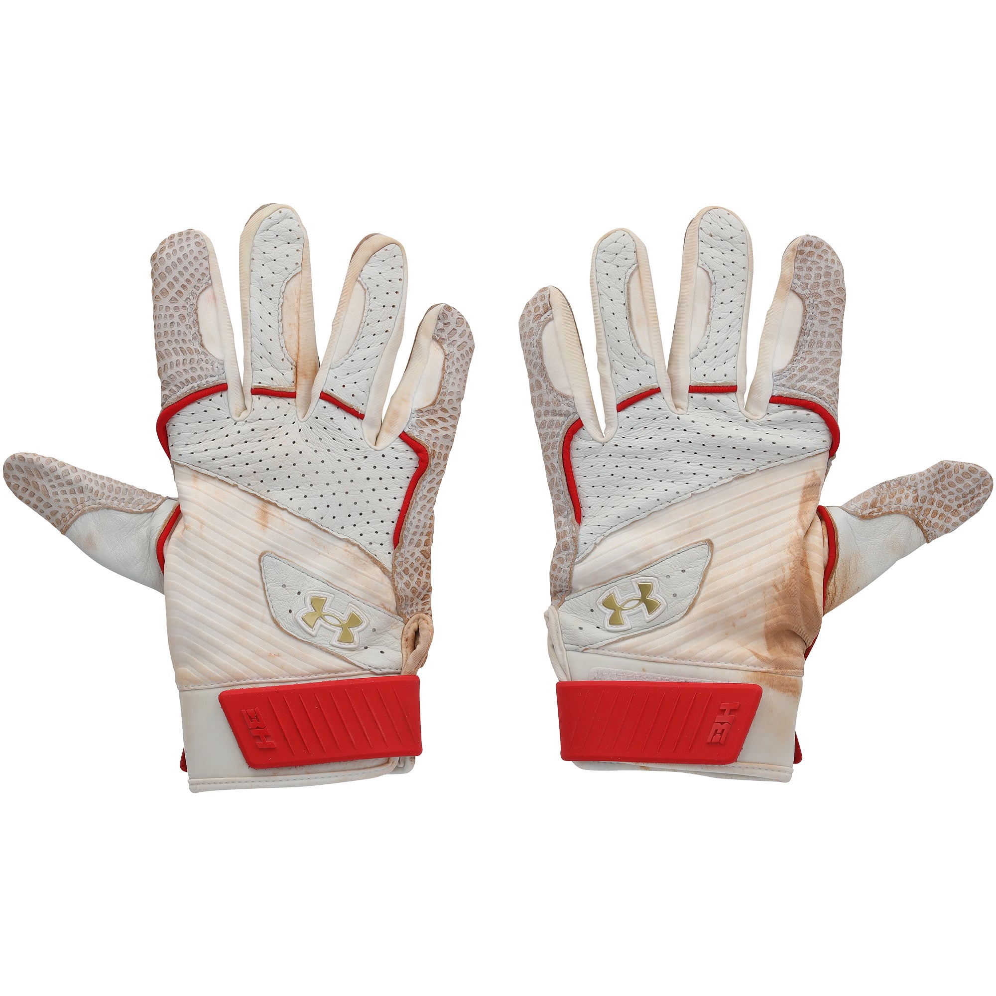 Gants de frappe Under Armour blancs et rouges autographiés par Bryce Harper, portés en match par les Phillies de Philadelphie lors de la saison 2026 de la MLB.
