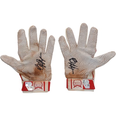 Bryce Harper Philadelphia Phillies Autographed Fanatics Authentic Game-Used White and Red Under Armour Batting Gloves from the 2026 MLB Season