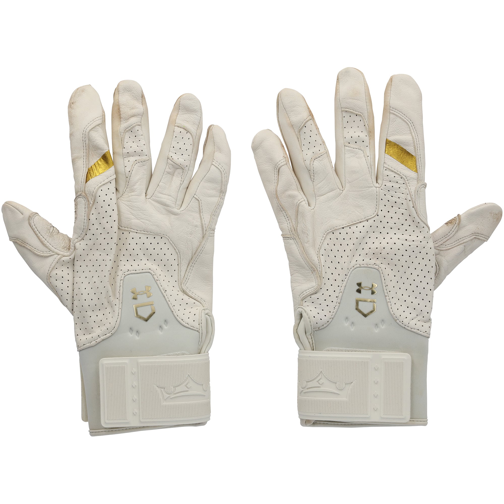 Gants de frappe blancs Under Armour autographiés par Bryce Harper, portés en match par les Phillies de Philadelphie lors de la saison 2026 de la MLB.