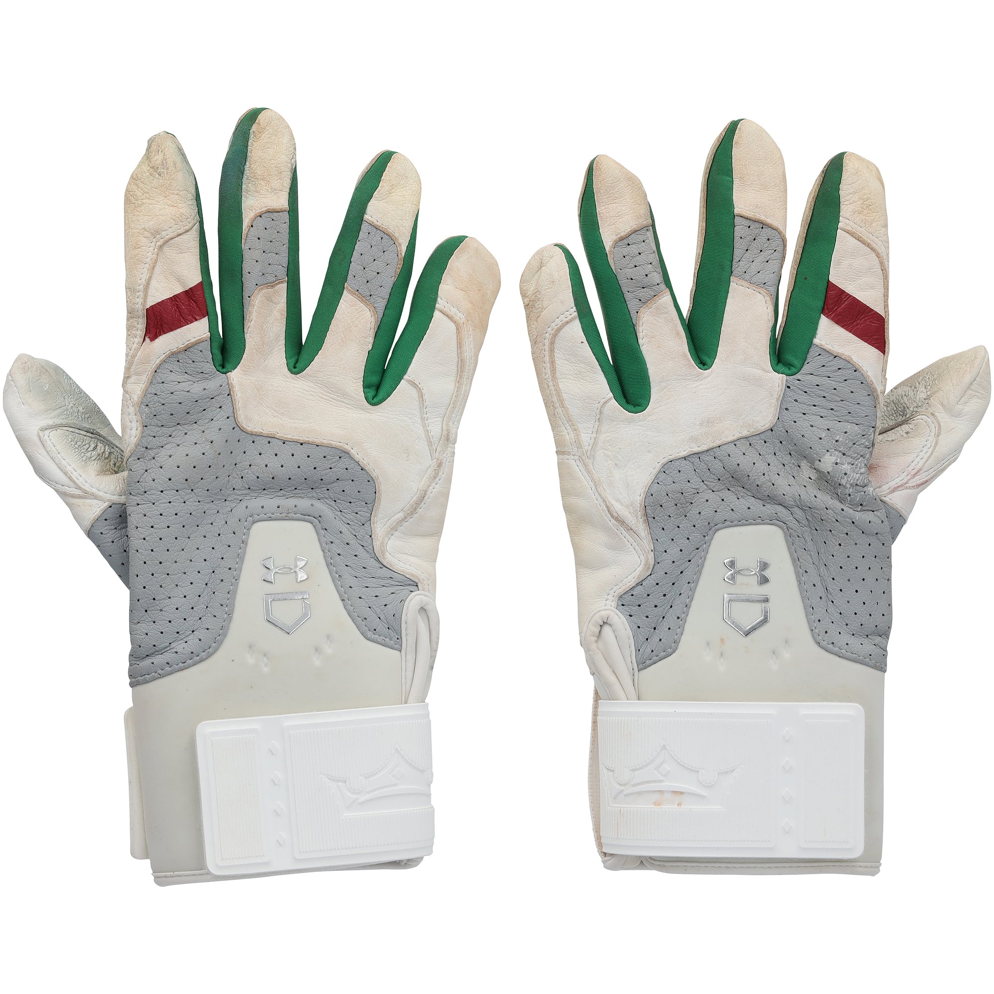 Gants de frappe Under Armour blancs et verts autographiés par Bryce Harper (Phillies de Philadelphie), utilisés en match lors de la saison 2026 de la MLB - NF70454677-78
