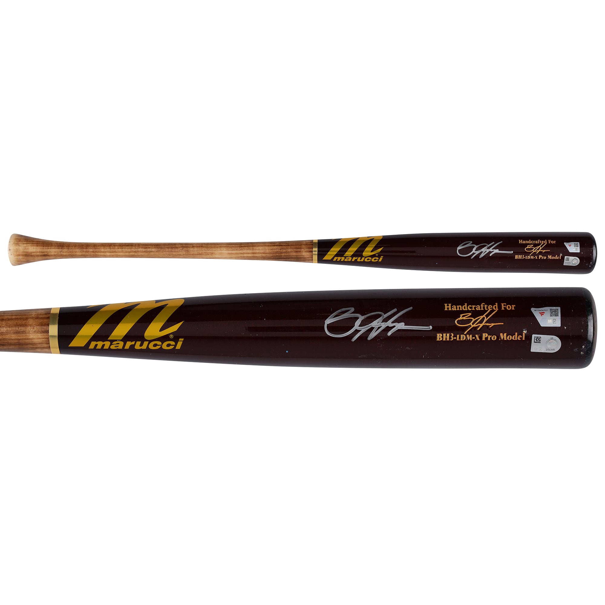 Bâton Marucci rouge/brun autographié par Bryce Harper, joueur des Phillies de Philadelphie, saison 2026 de la MLB