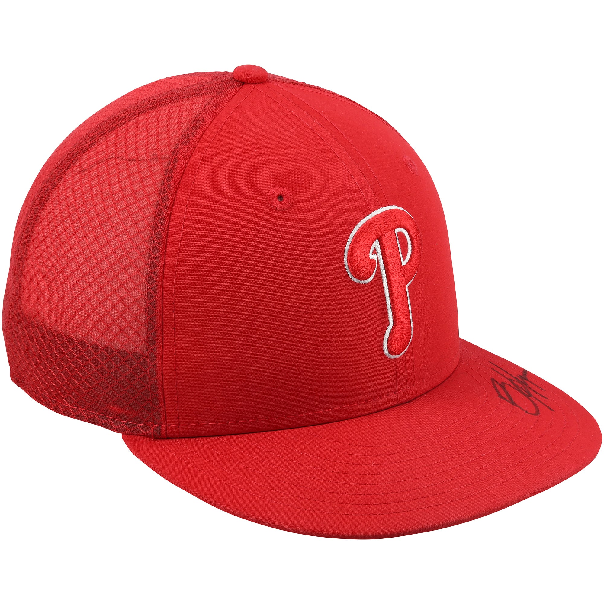 Casquette rouge autographiée et portée par Bryce Harper, joueur des Phillies de Philadelphie, lors de la saison 2026 de la MLB.