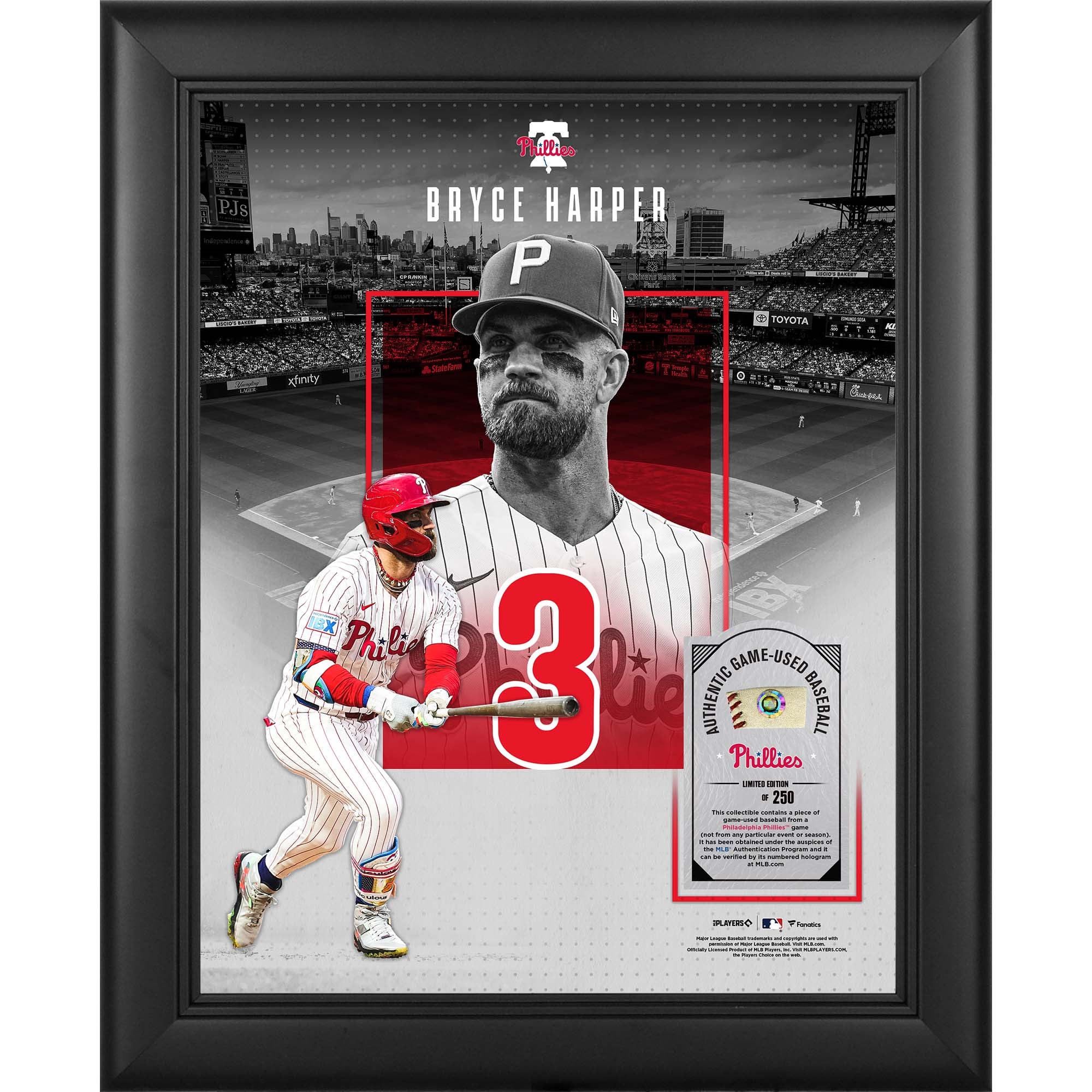 Collage encadré 11" x 14" de Bryce Harper, joueur des Phillies de Philadelphie, avec un morceau de balle utilisée en match - Édition limitée à 250 exemplaires