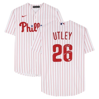 Chase Utley Philadelphia Phillies Autographed Fanatics Authentic White Nike Replica Jersey with "2008 WS Champs" Inscription 