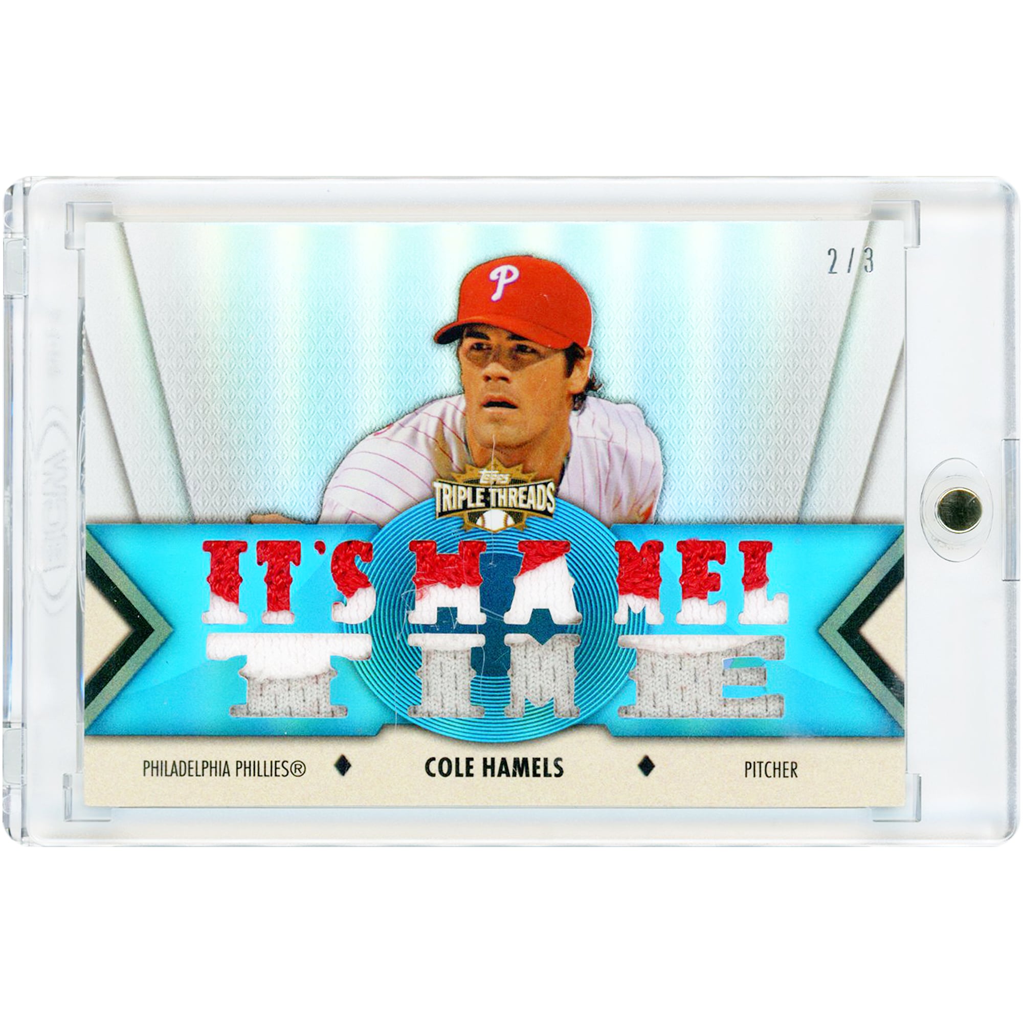 Carte relique de maillot tricolore porté en match par Cole Hamels, Philadelphia Phillies, 2012 Topps Triple Threads Jumbo #TTR-66 #2/3