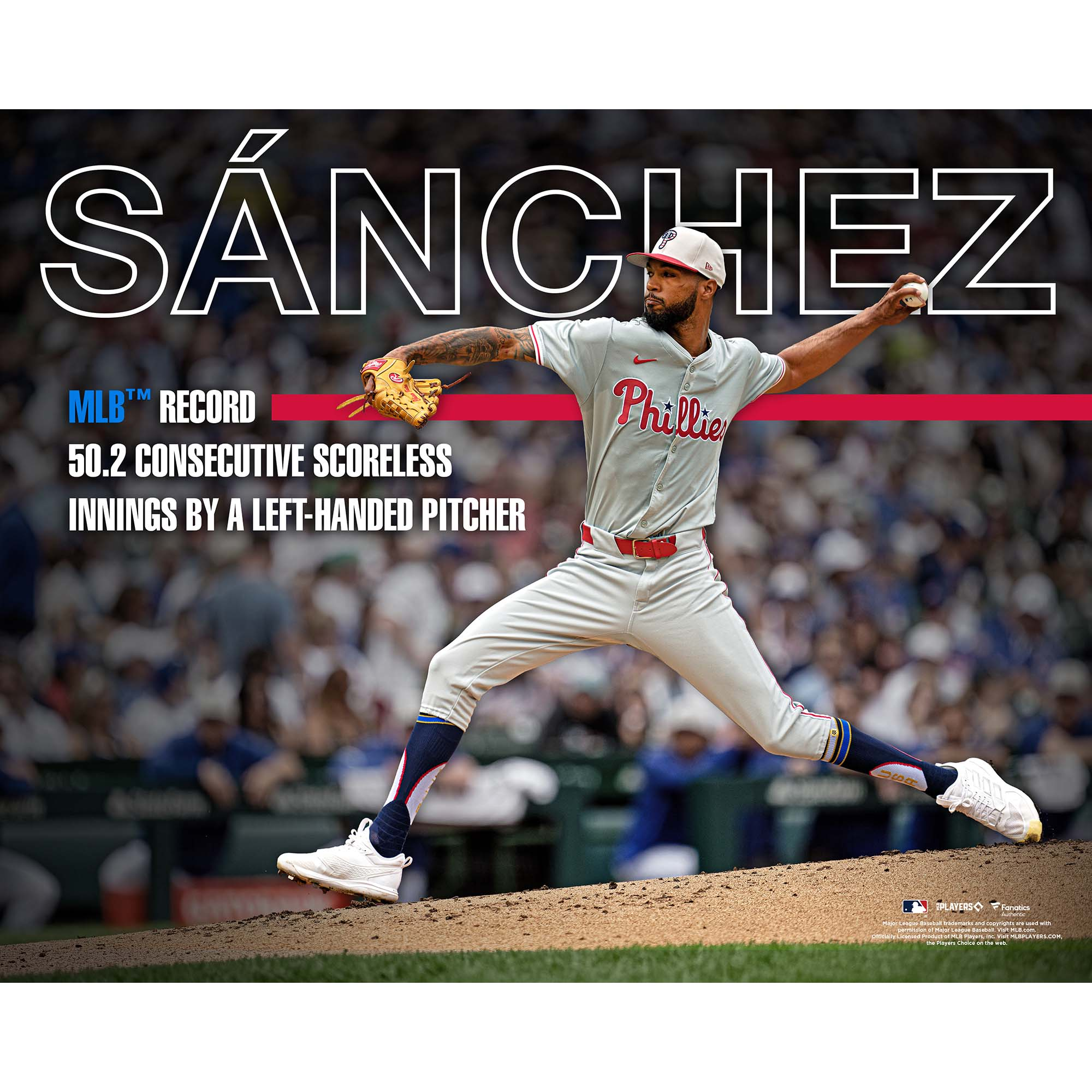 Photo non signée de Cristopher Sanchez, lanceur gaucher des Phillies de Philadelphie (40,6 x 50,8 cm). Record MLB : 50 manches et deux tiers consécutives sans point accordé par un lanceur gaucher.