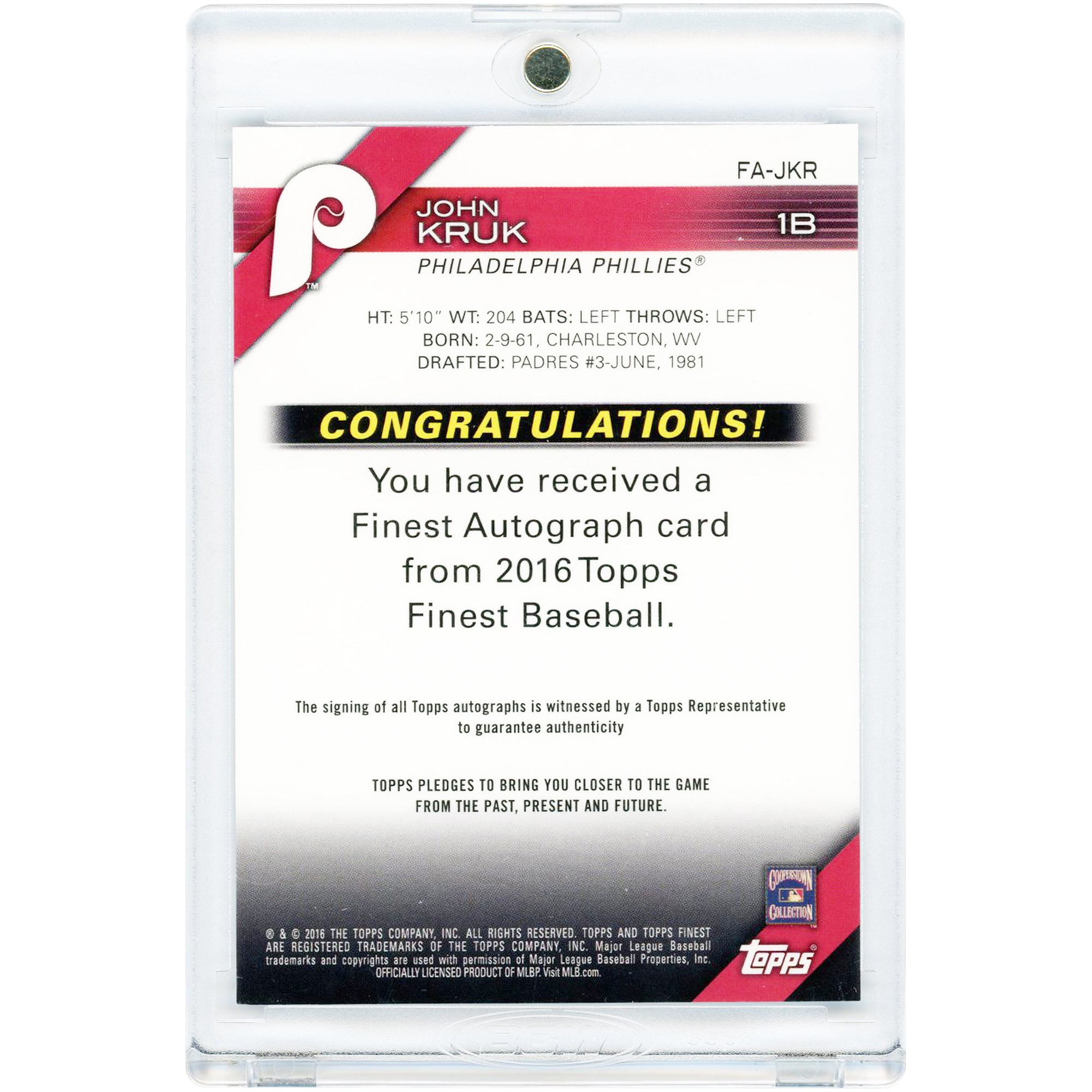 Carte autographiée de John Kruk (Philadelphia Phillies) 2016 Topps Finest Blue Refractor #FA-JKR #58/150