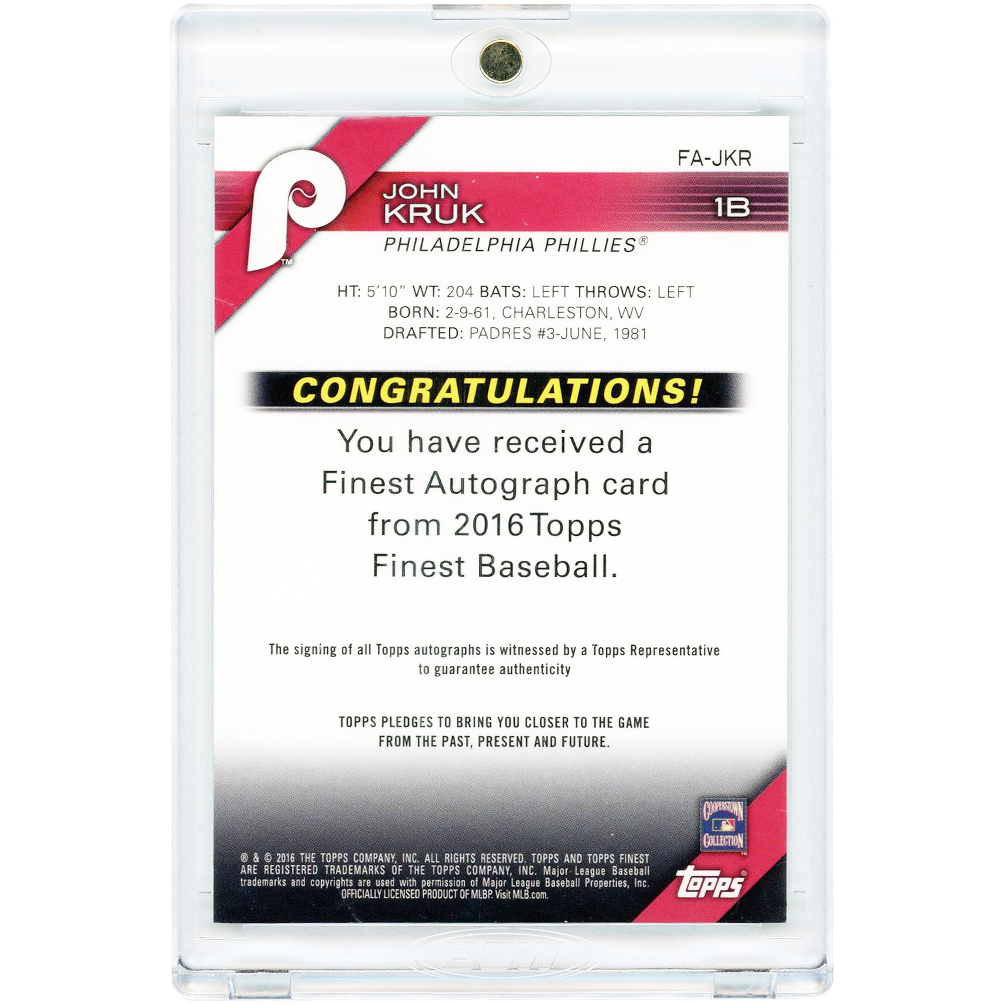 Carte autographiée par John Kruk (Philadelphia Phillies) 2016 Topps Finest Green Refractor #FA-JKR #78/99
