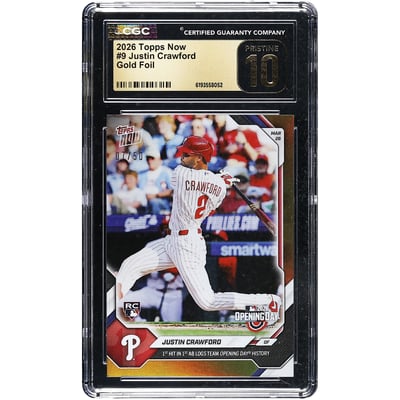Justin Crawford Philadelphia Phillies 2026 Topps Now 1st Hit in 1st AB Logs Team Opening Day History Gold Foil #9 #/50 CGC Authenticated Pristine 10 Rookie Card
