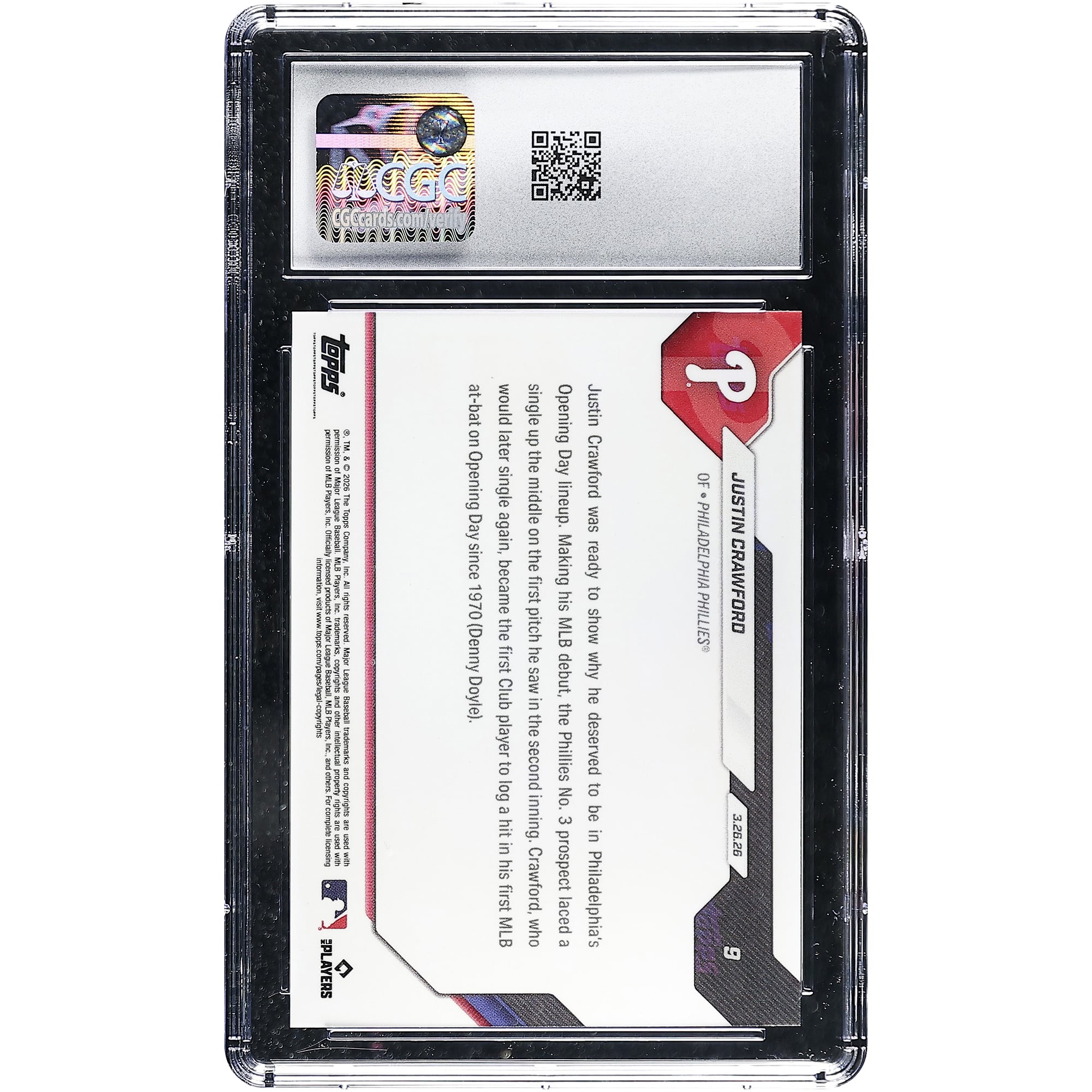 Justin Crawford, Phillies de Philadelphie, carte Topps Now 2026, 1er coup sûr en 1re présence au bâton, historique du jour d'ouverture de l'équipe, n° 9, authentifiée CGC, carte recrue n° 10