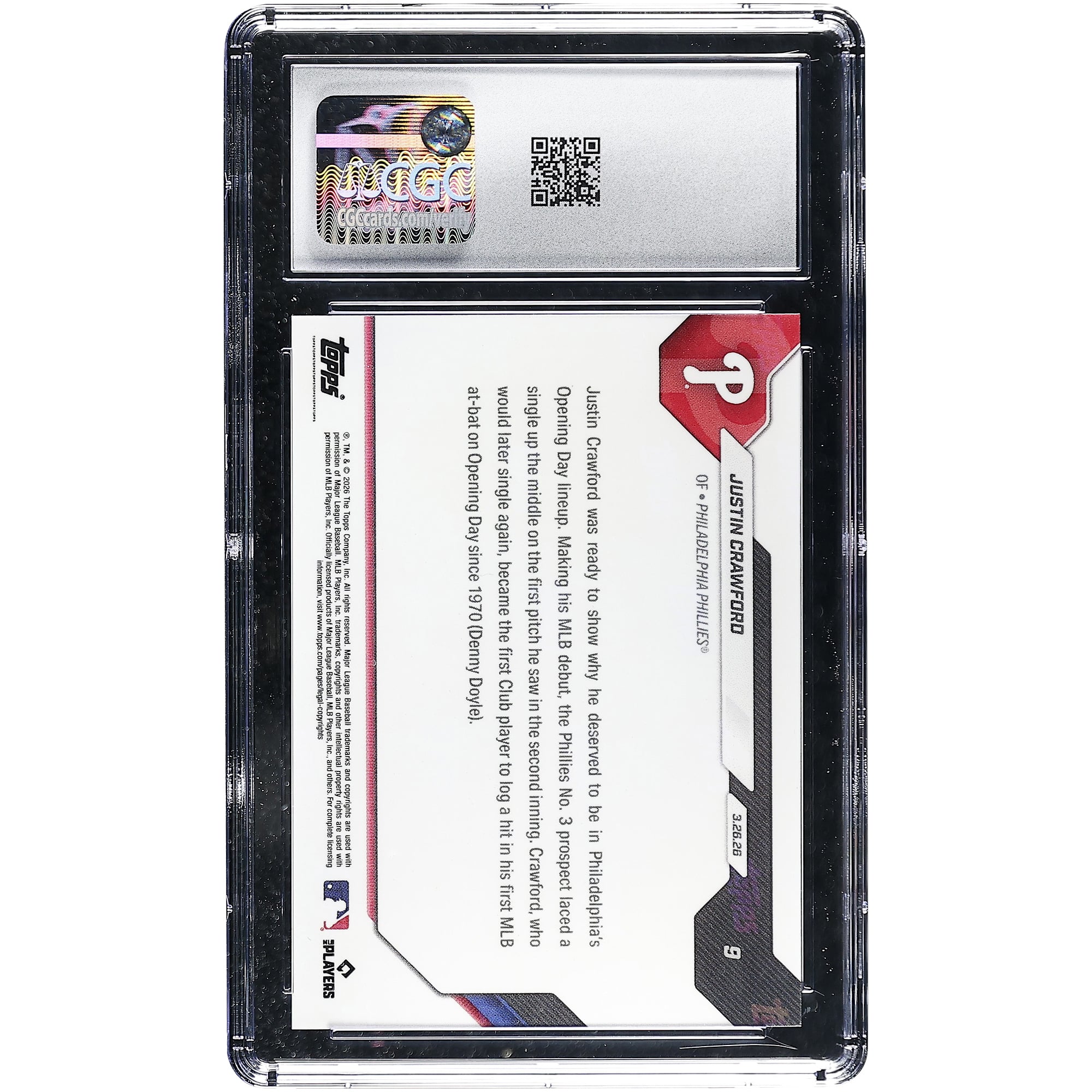 Justin Crawford, Phillies de Philadelphie, carte Topps Now 2026, 1er coup sûr en 1re présence au bâton, historique de l'équipe, jour d'ouverture, n° 9, authentifiée CGC 9.5
