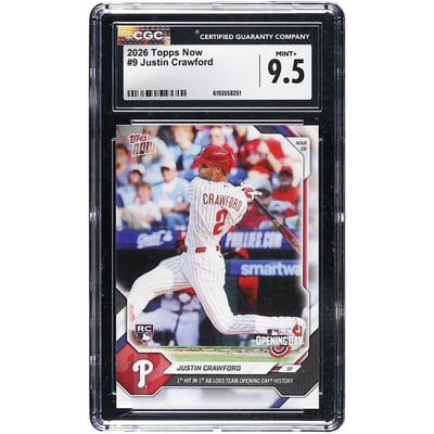 Justin Crawford Philadelphia Phillies 2026 Topps Now 1st Hit in 1st AB Logs Team Opening Day History #9 CGC Authenticated 9.5 Rookie Card