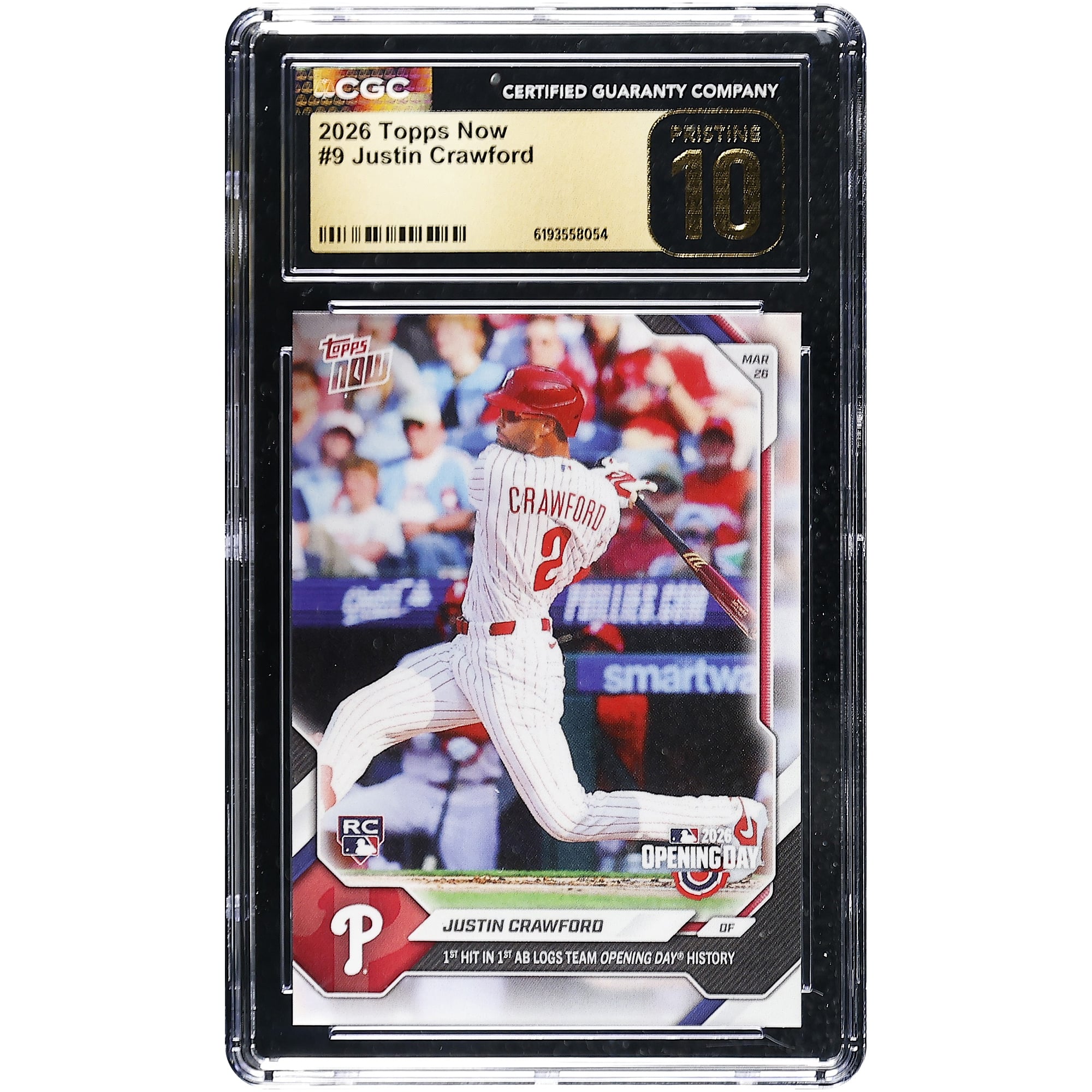 Justin Crawford, Phillies de Philadelphie, carte Topps Now 2026, 1er coup sûr en 1re présence au bâton, historique du jour d'ouverture de l'équipe, n° 9, authentifiée CGC Pristine 10, carte recrue