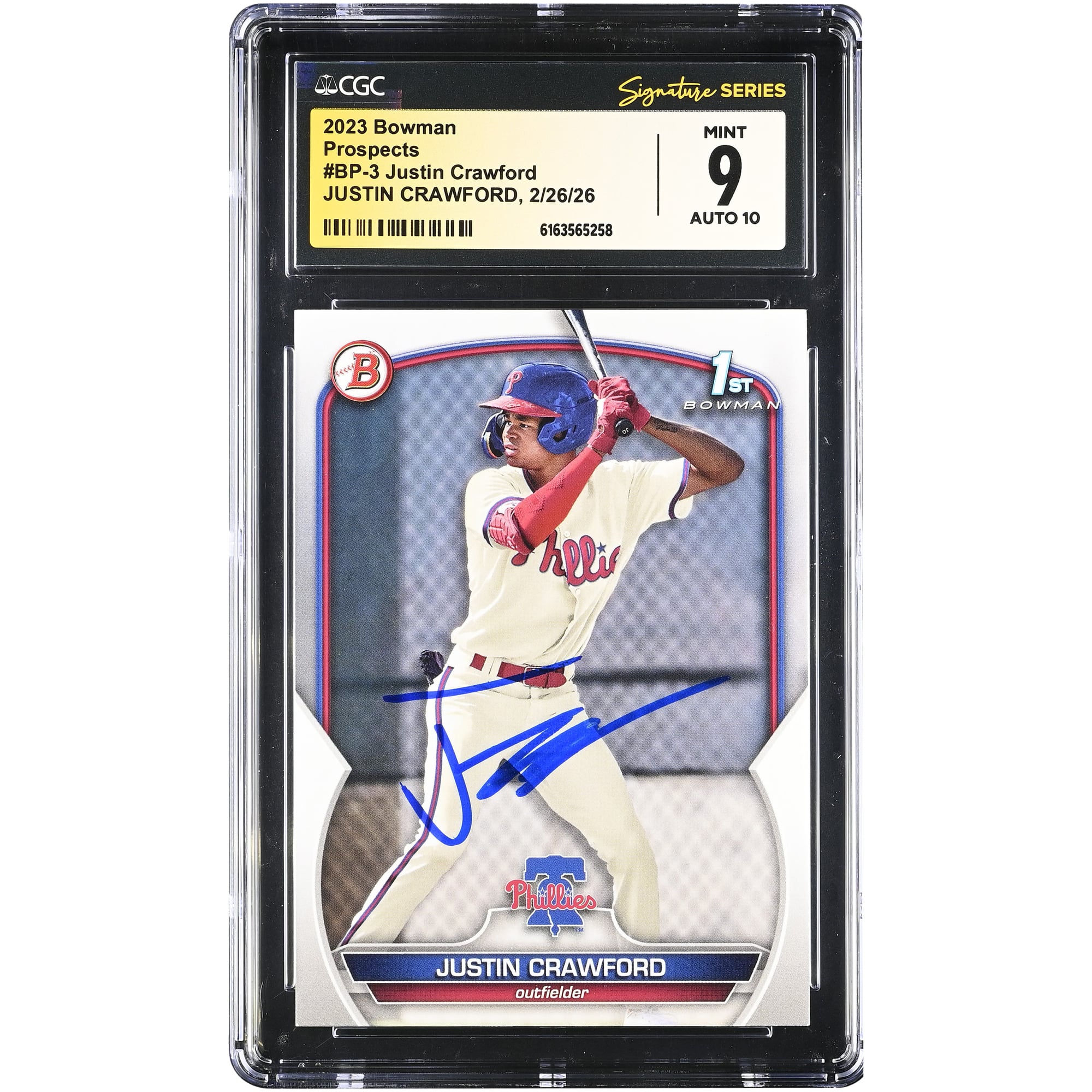 Carte autographiée de Justin Crawford (Phillies de Philadelphie), collection Bowman Prospects 2023, numéro BP-3, authentifiée CGC (9/10).
