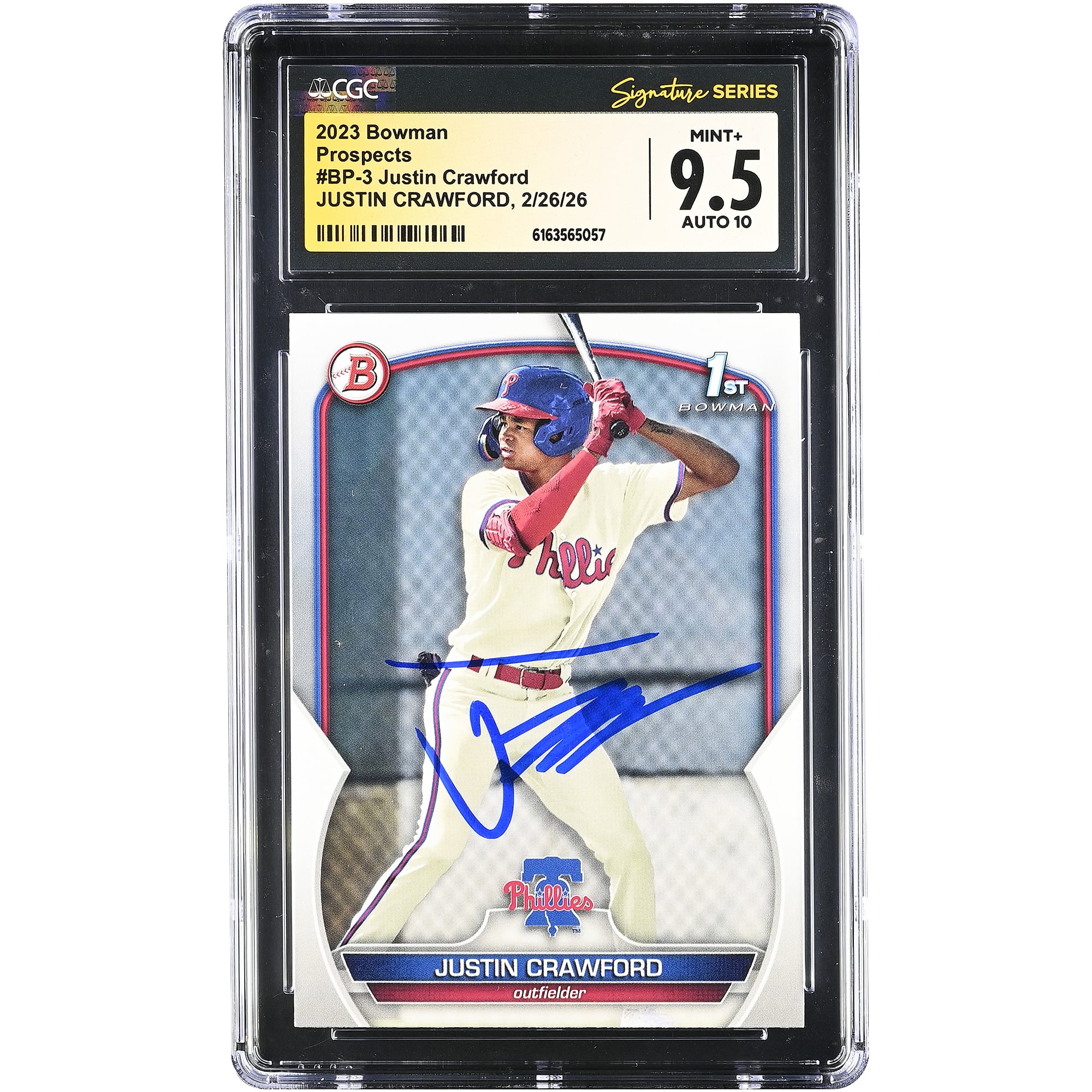 Justin Crawford Philadelphia Phillies Autographed 2023 Bowman Prospects #BP-3 CGC Authenticated /10 Card