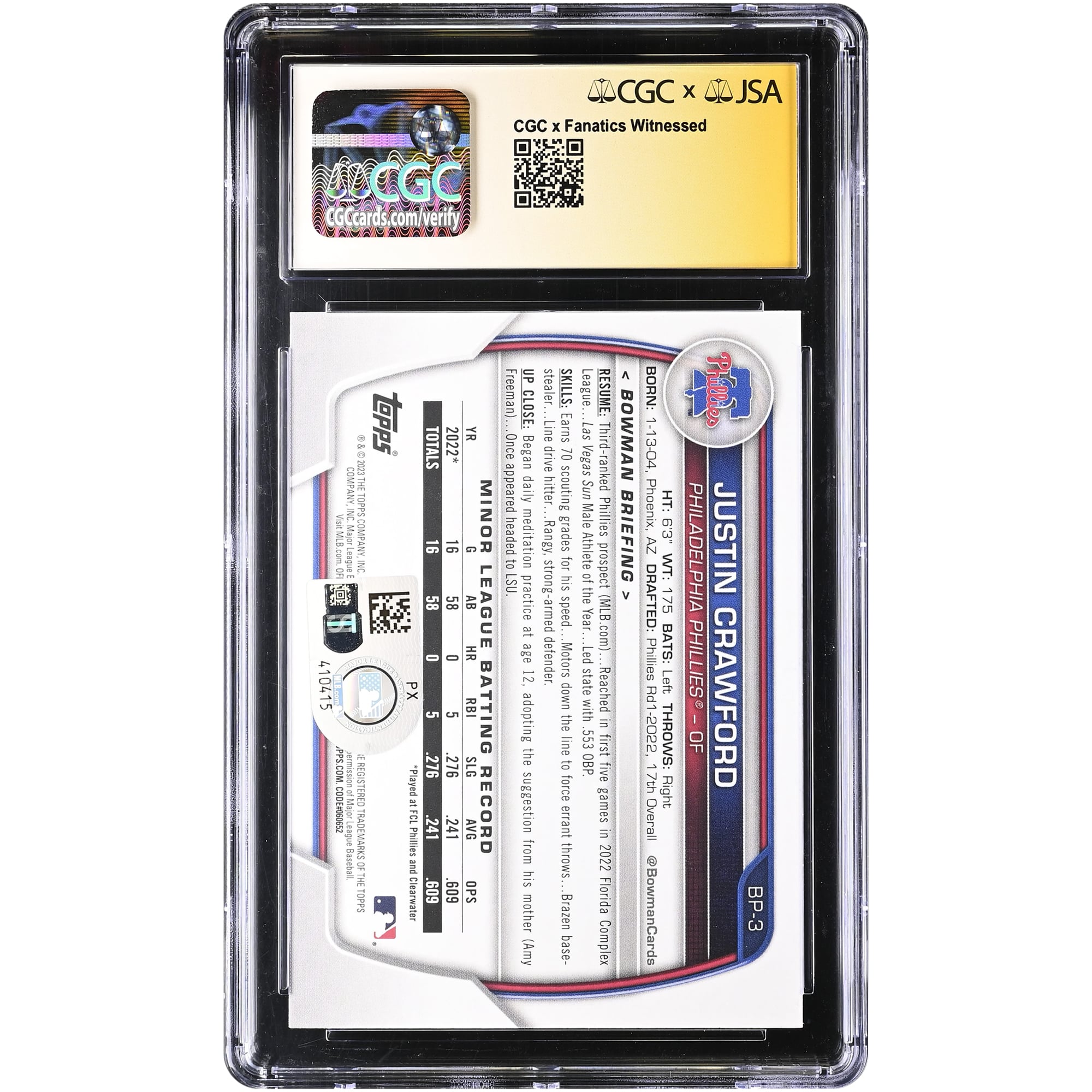 Justin Crawford Philadelphia Phillies Autographed 2023 Bowman Prospects #BP-3 CGC Authenticated Auto 10 Card