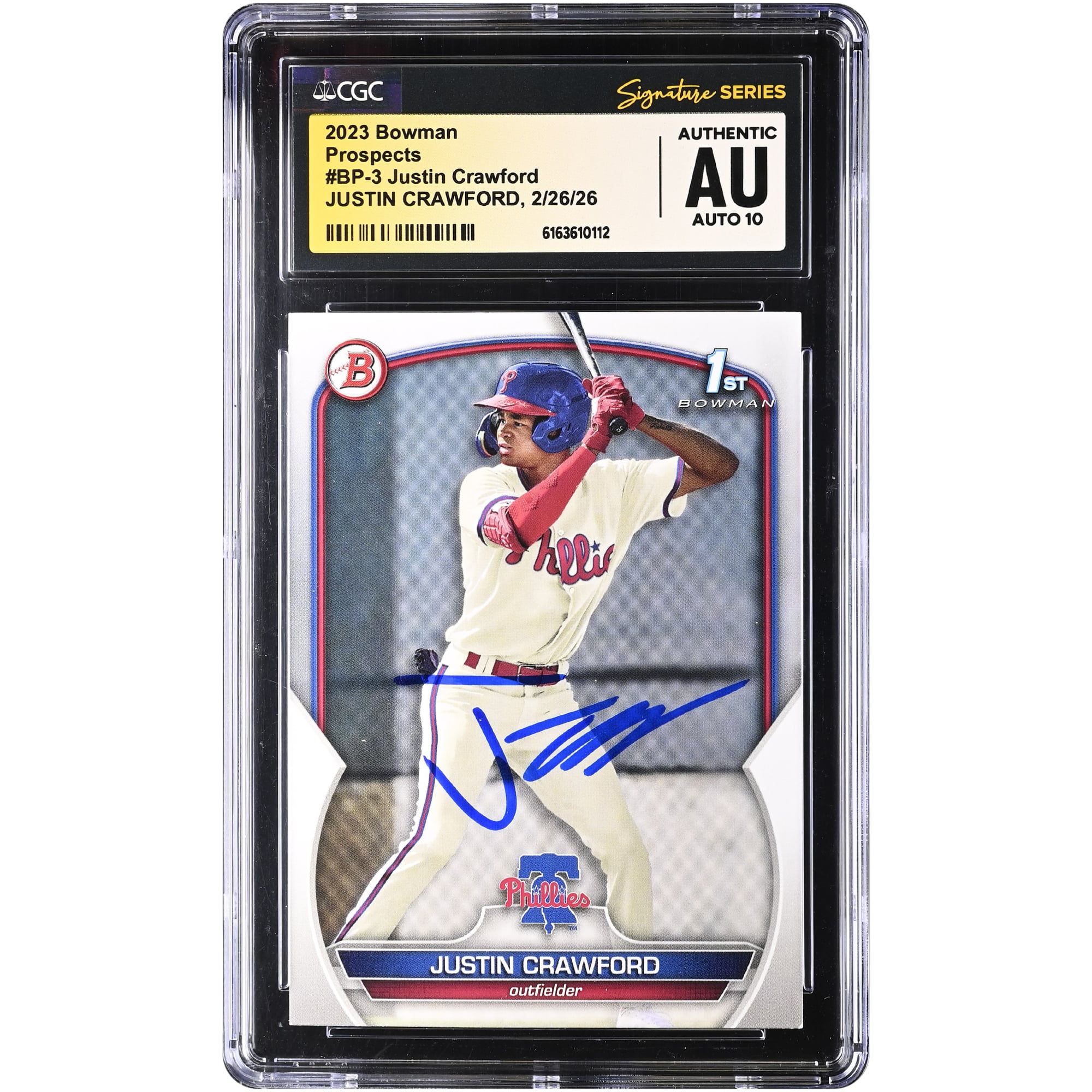 Justin Crawford Philadelphia Phillies Autographed 2023 Bowman Prospects #BP-3 CGC Authenticated Auto 10 Card