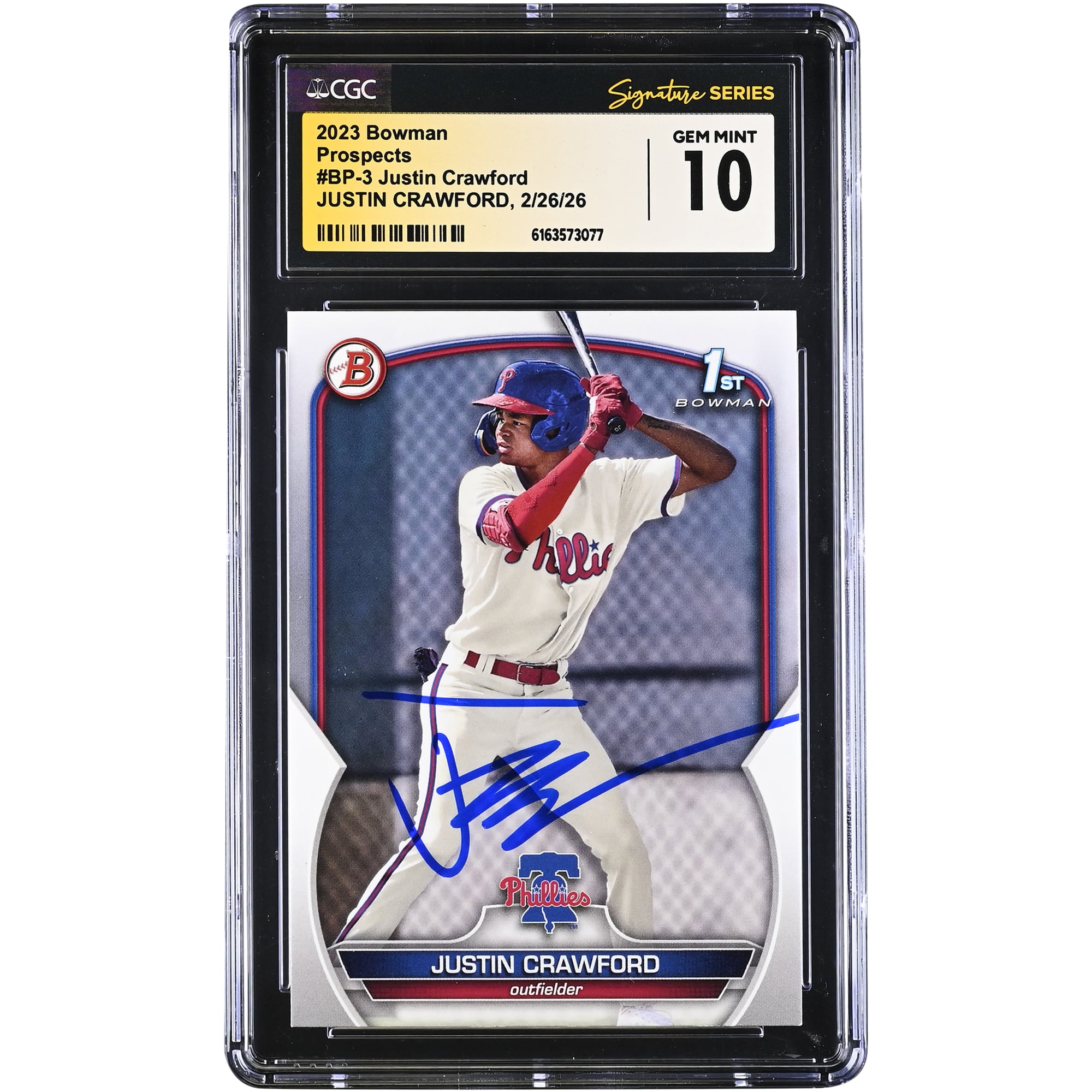 Justin Crawford Philadelphia Phillies Autographed 2023 Bowman Prospects #BP-3 CGC Authenticated GEM MINT 10 Card