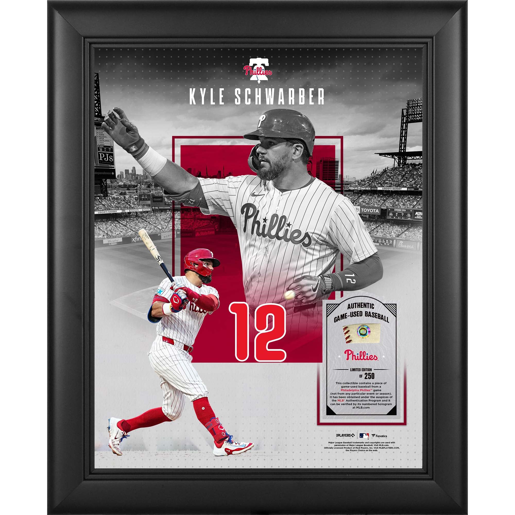 Collage encadré 11" x 14" de Kyle Schwarber (Philadelphia Phillies) avec un morceau de balle utilisée en match - Édition limitée à 250 exemplaires