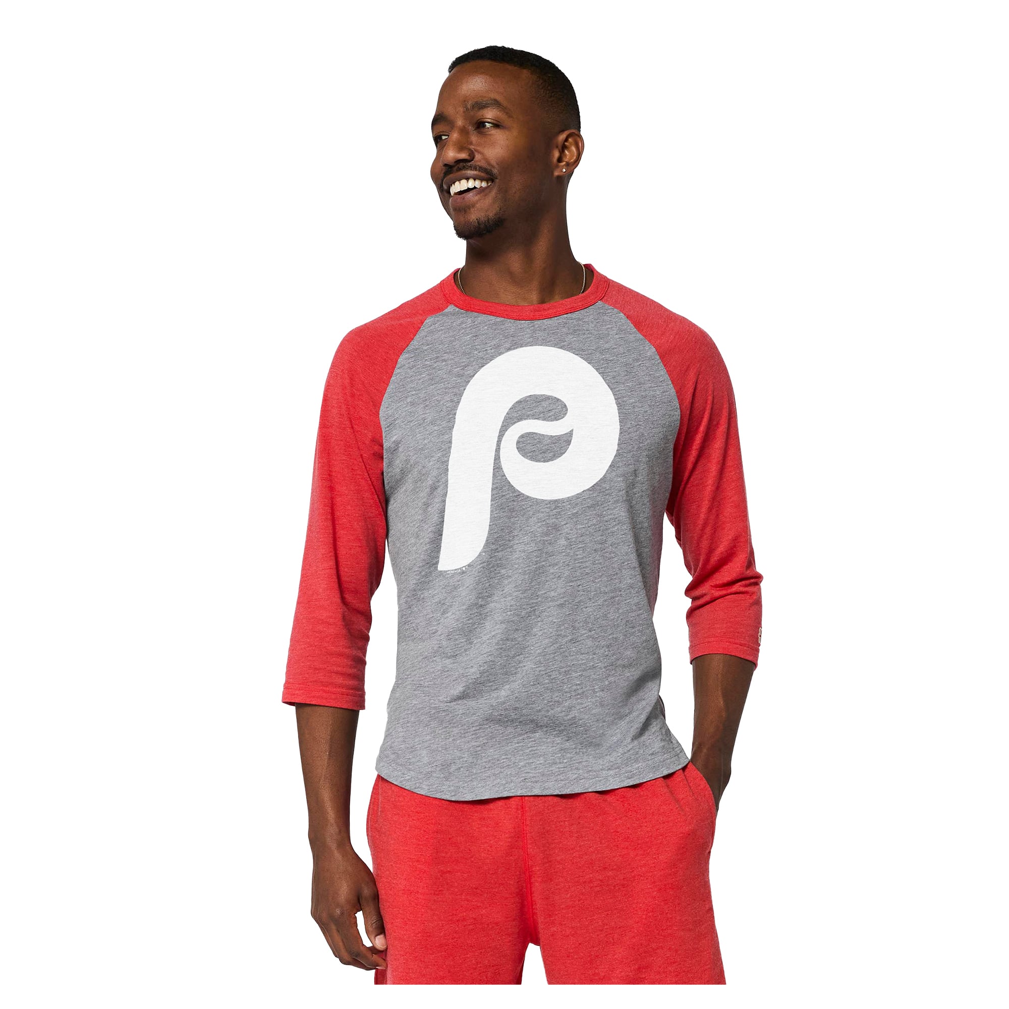 T-shirt raglan gris à manches 3/4 pour homme, hommage aux Phillies de Philadelphie, en mélange trois matières.