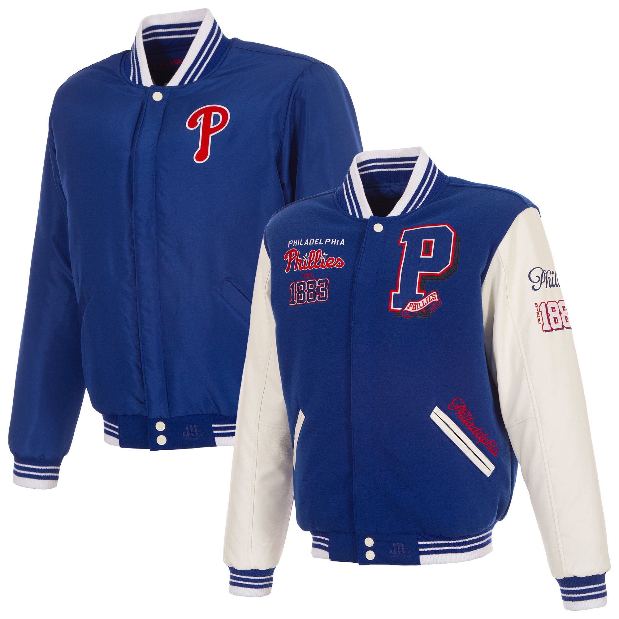 Veste universitaire réversible à boutons-pression JH Design Royal Philadelphia Phillies pour homme